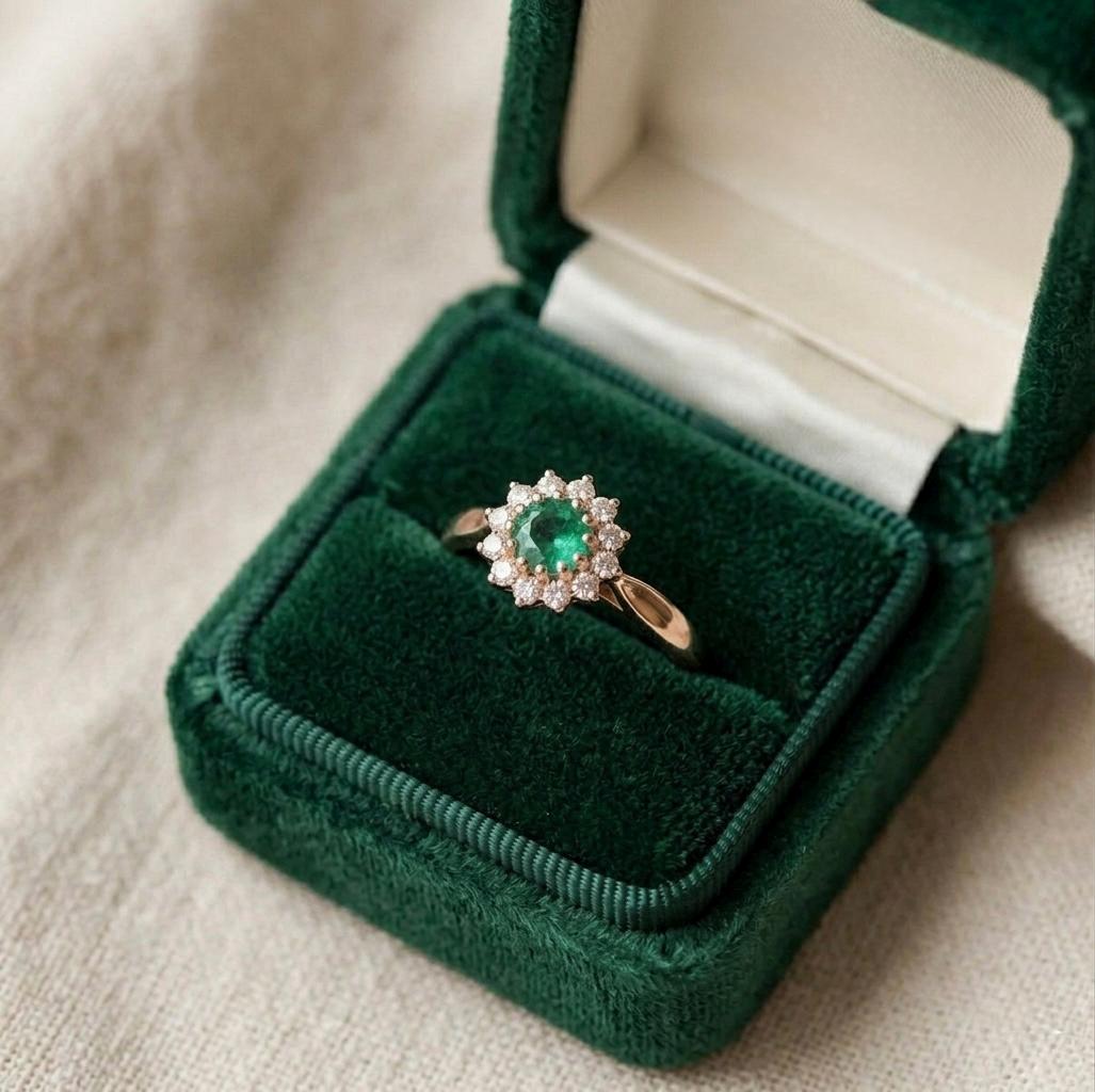 Vintage Emerald Floral Halo Ring, 925 Silver Gold Art Deco Moissanite