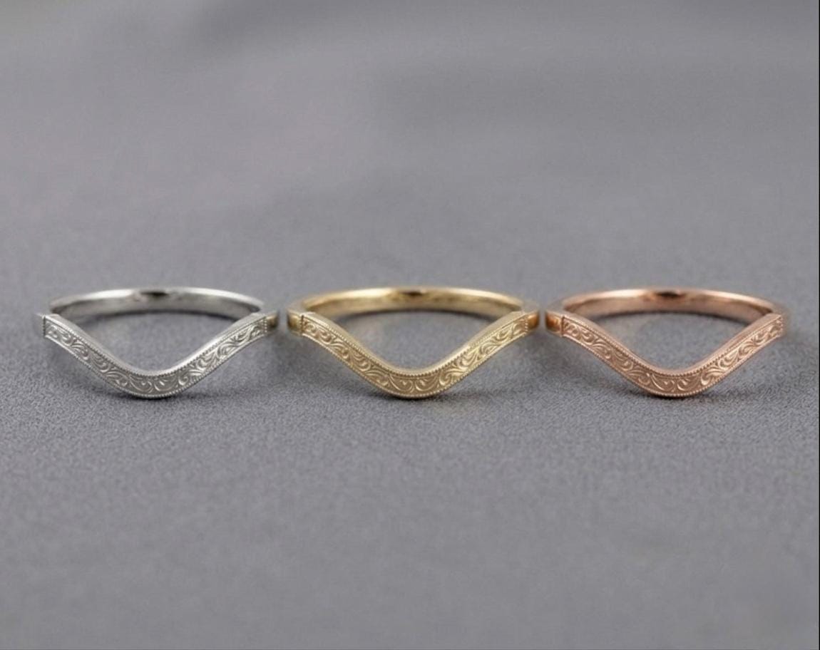 Curved Chevron Wedding Band, Hand Engraved Art Deco Ring, Vintage Milgrain Sterling Silver