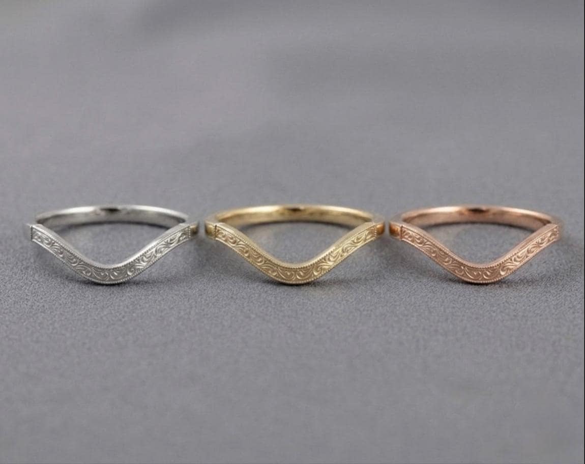 Curved Chevron Wedding Band, Hand Engraved Art Deco Ring, Vintage Milgrain Sterling Silver