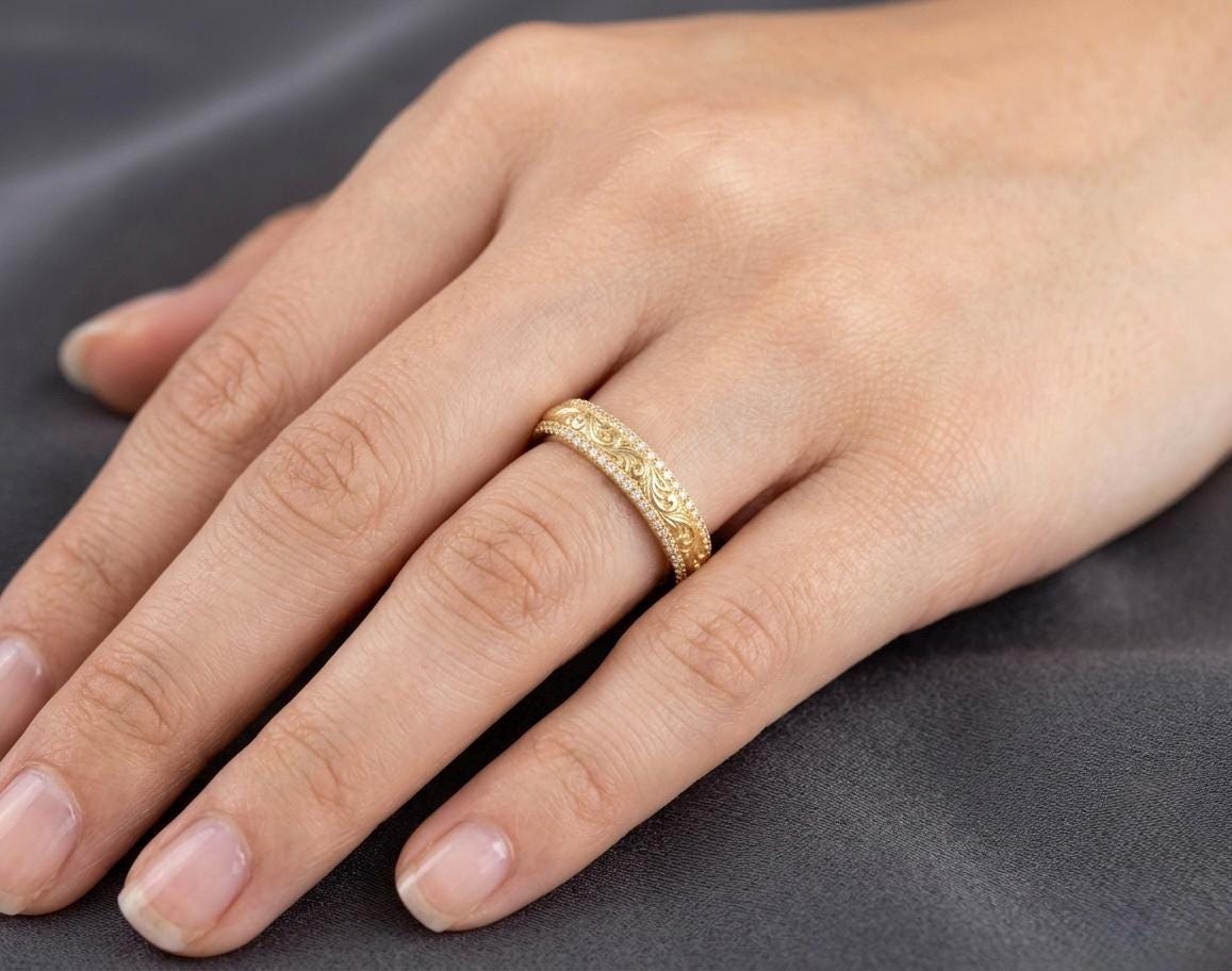 Vintage Filigree Wedding Band, Engraved Floral Eternity Ring, Antique Style Stacking Band
