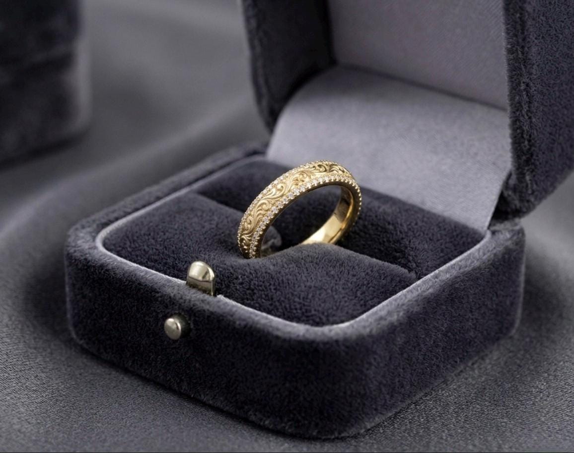Vintage Filigree Wedding Band, Engraved Floral Eternity Ring, Antique Style Stacking Band