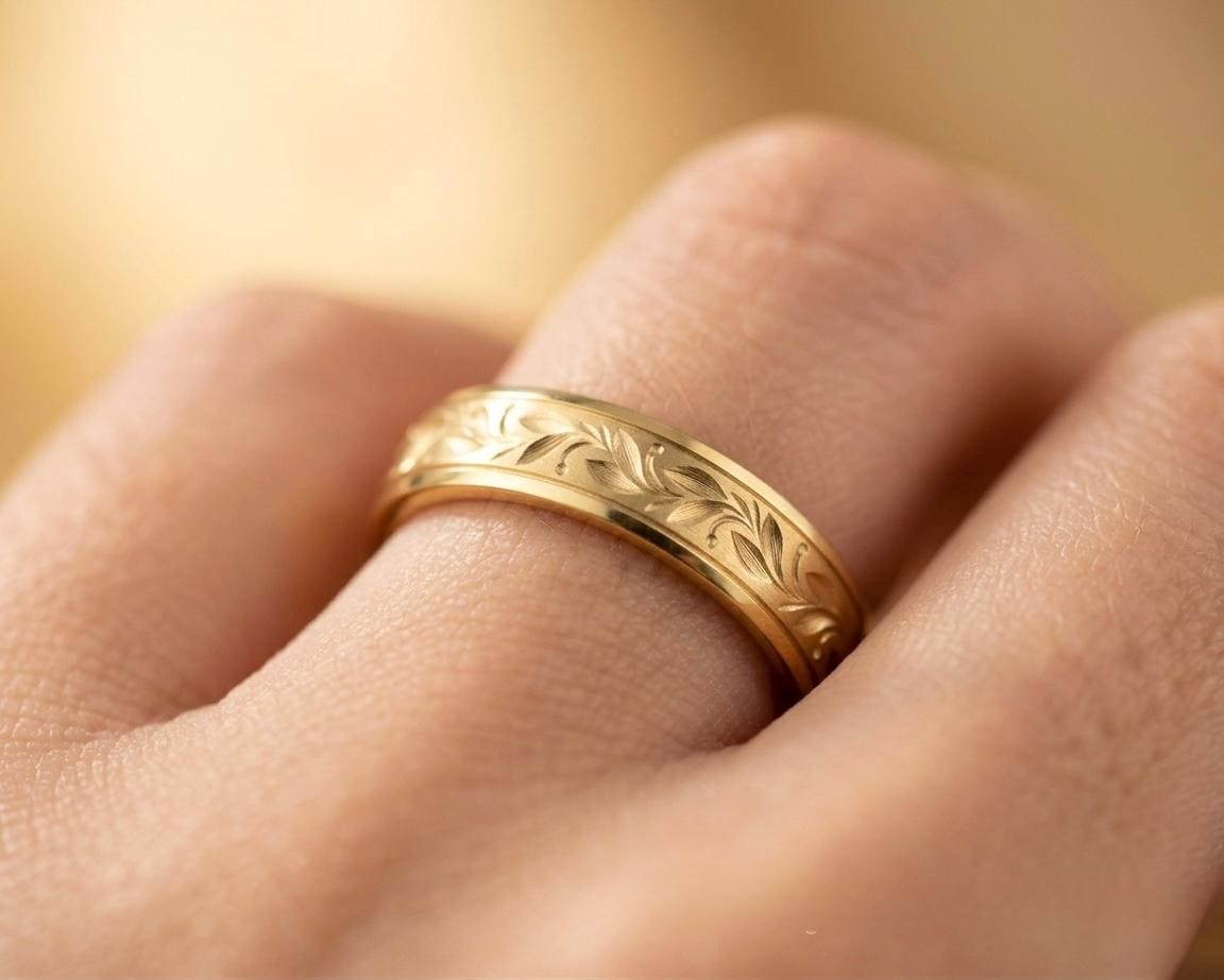 Matte Gold Olive Leaf Wedding Band, Engraved Botanical Nature Ring