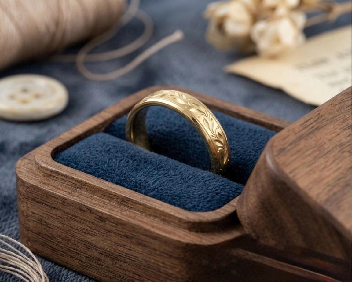 Matte Gold Olive Leaf Wedding Band, Engraved Botanical Nature Ring