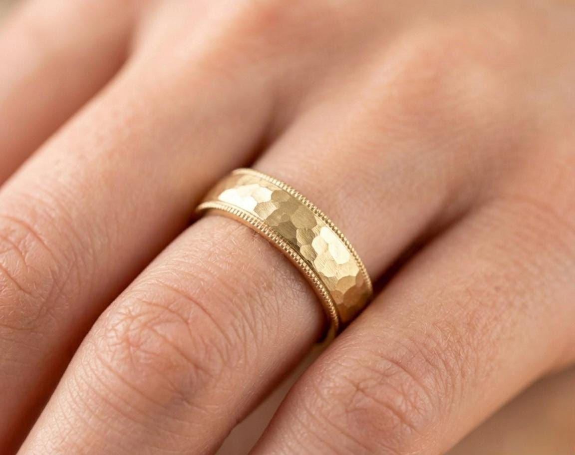 Hammered Gold Wedding Band, Milgrain Rustic Ring, Antique Matte Finish Unisex Promise
