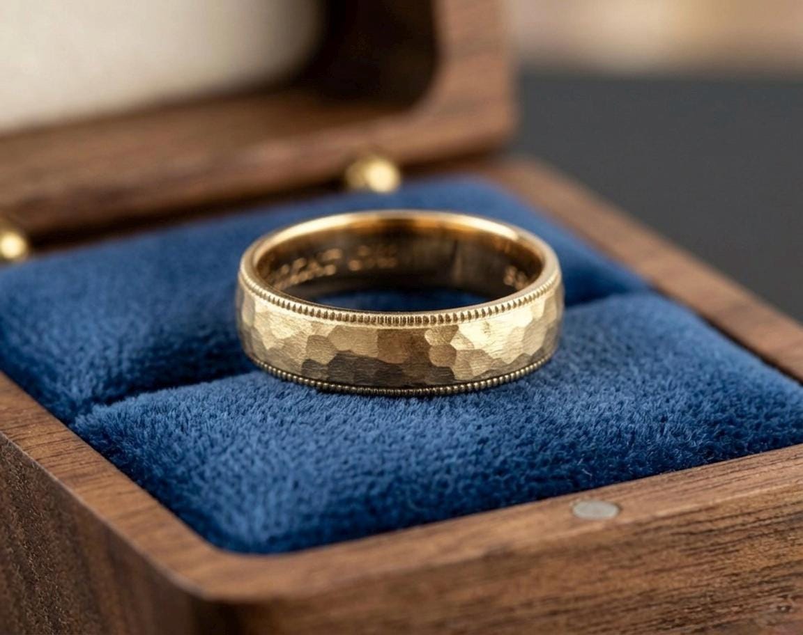 Hammered Gold Wedding Band, Milgrain Rustic Ring, Antique Matte Finish Unisex Promise