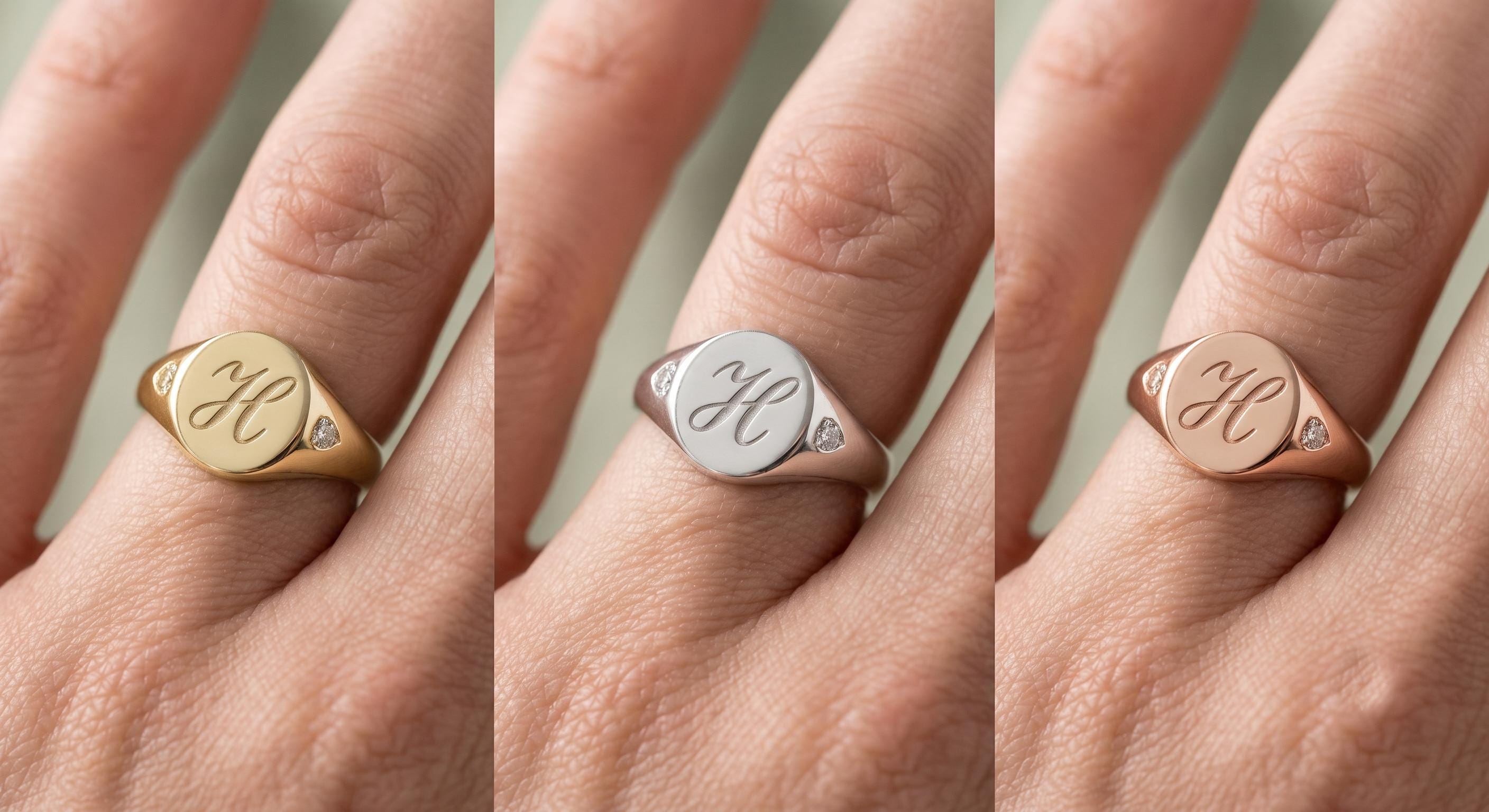 Custom Initial Signet Ring, Personalized Engraved Name Jewelry, Sterling Silver Accent Stones