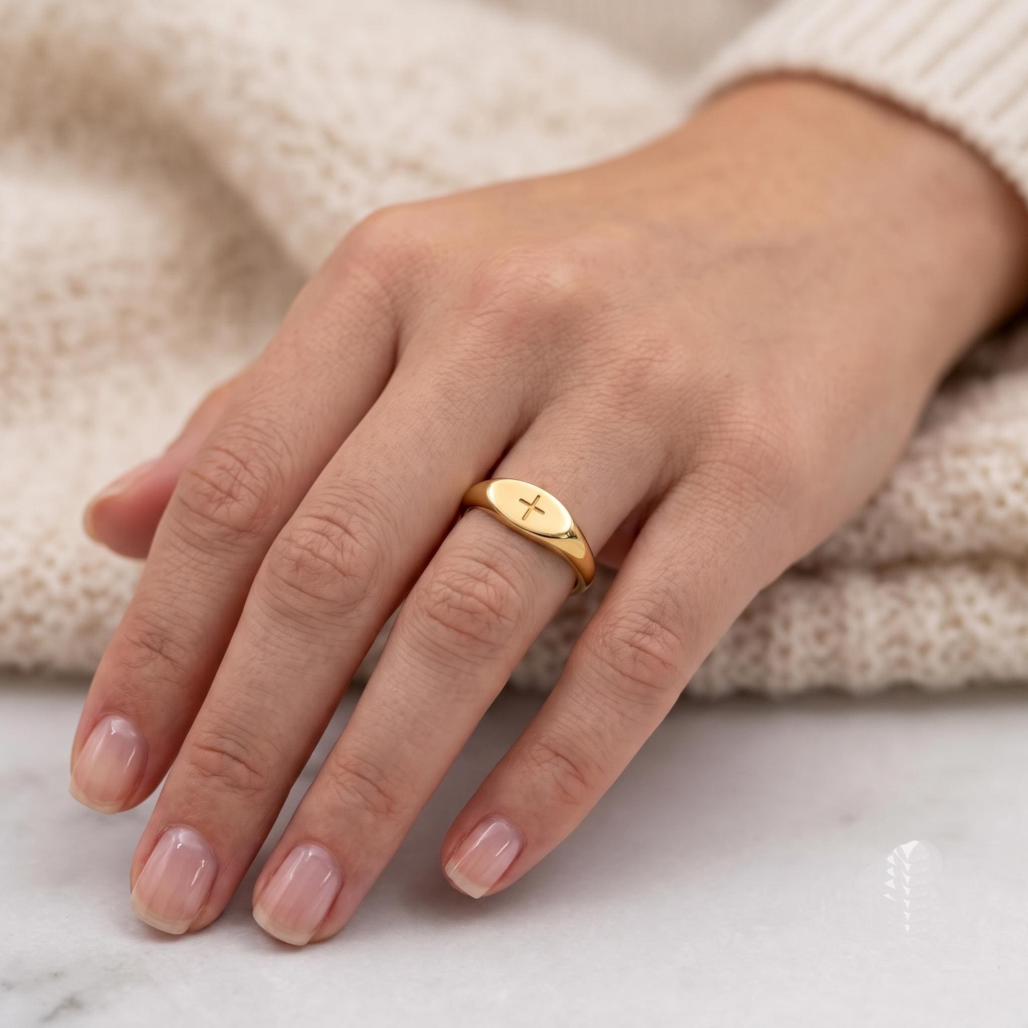 Minimalist Gold Cross Signet Ring, Dainty Stackable Religious Jewelry