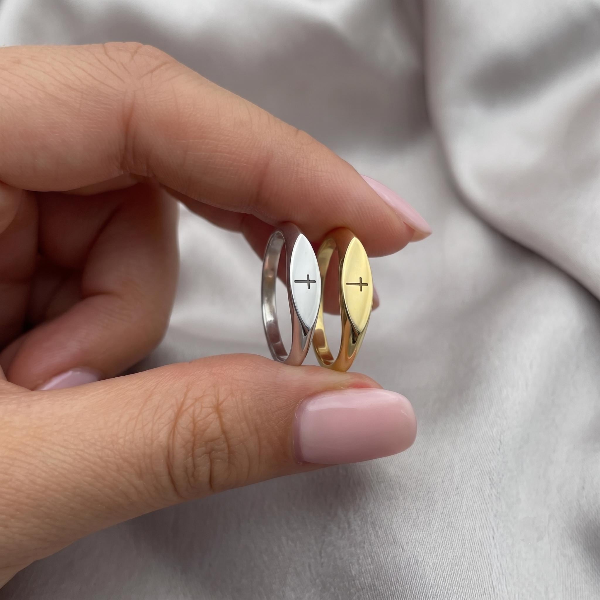 Minimalist Gold Cross Signet Ring, Dainty Stackable Religious Jewelry