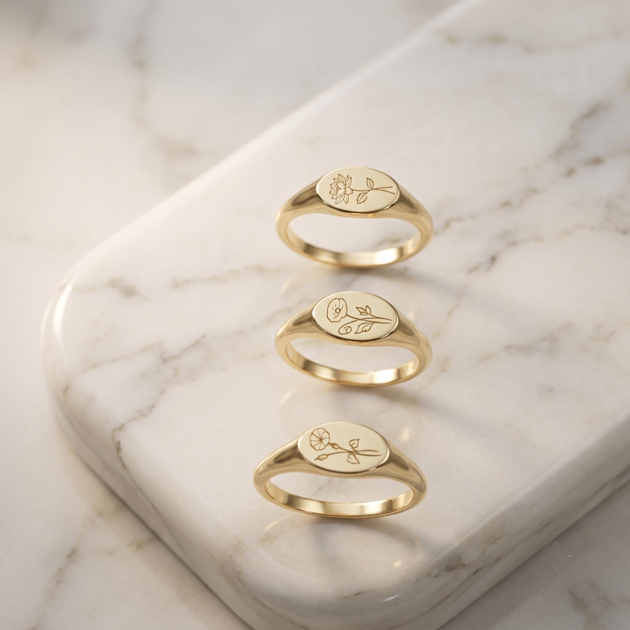 Custom Birth Flower Signet Ring, Dainty Gold Botanical Jewelry, Personalized Mom Gift
