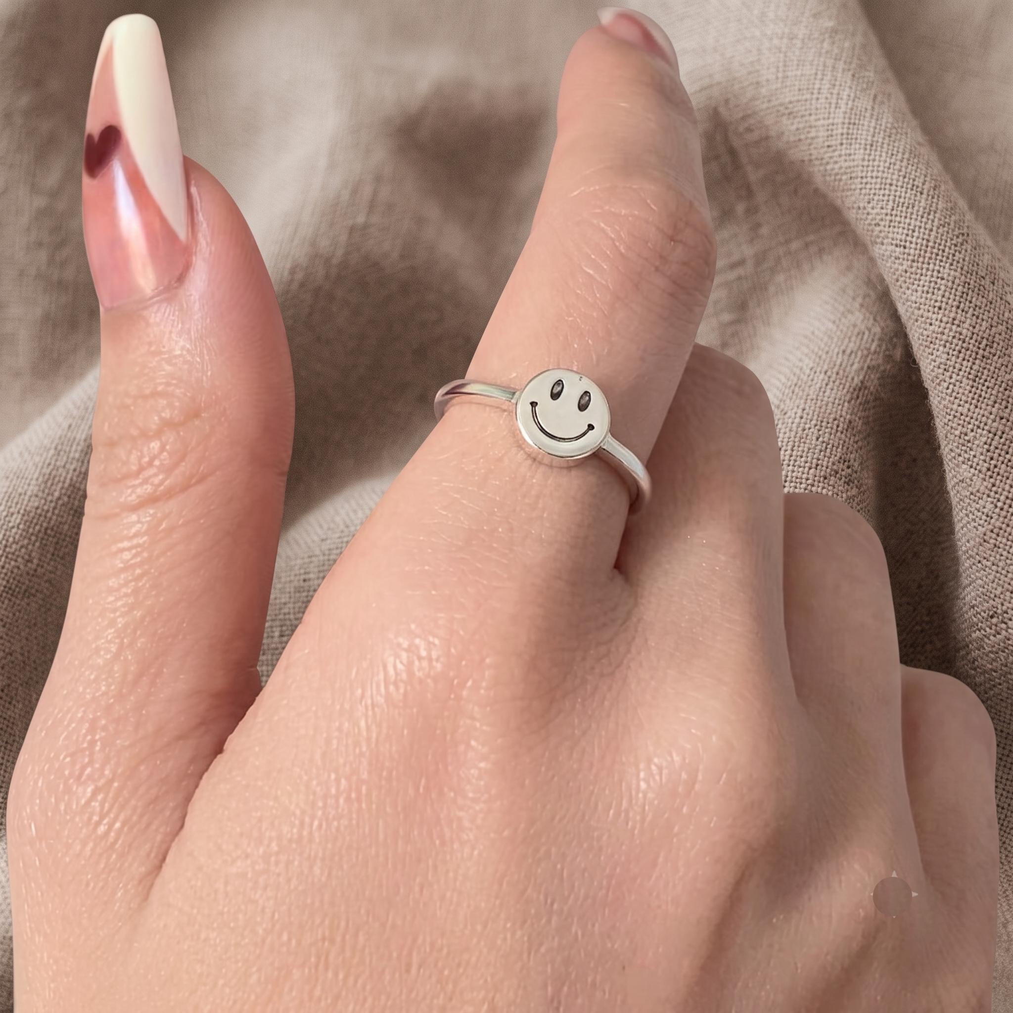 Dainty Sterling Silver Smiley Face Ring, Minimalist Adjustable Happiness Jewelry
