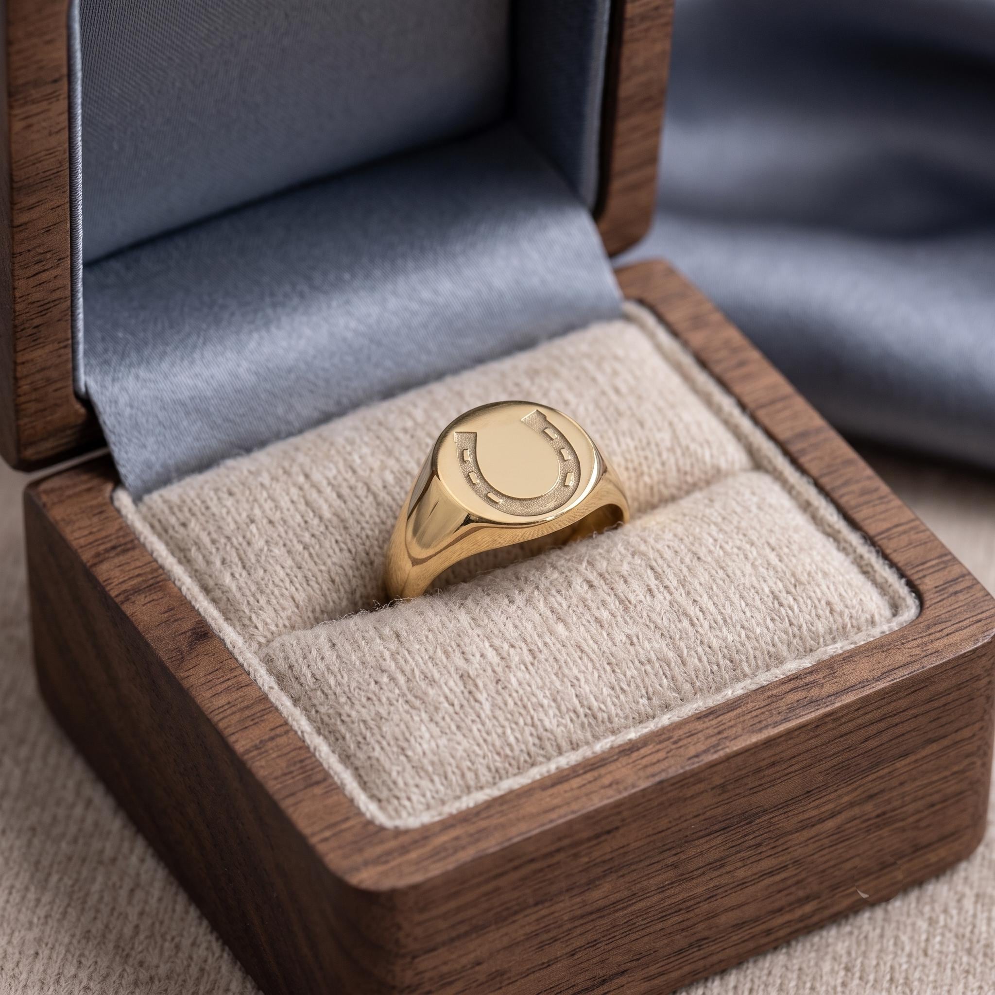 Solid Gold Horseshoe Signet Ring, Minimalist Equestrian Band, Lucky Charm Jewelry