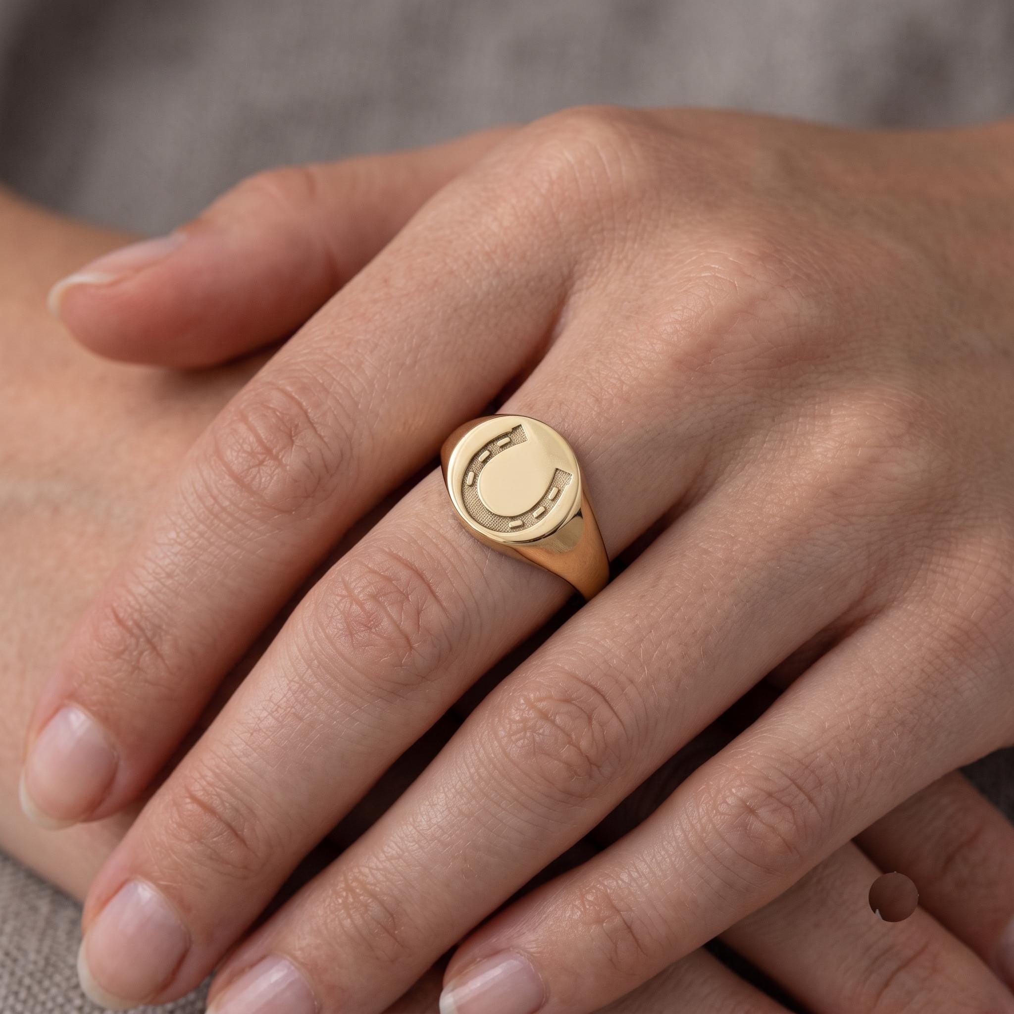 Solid Gold Horseshoe Signet Ring, Minimalist Equestrian Band, Lucky Charm Jewelry