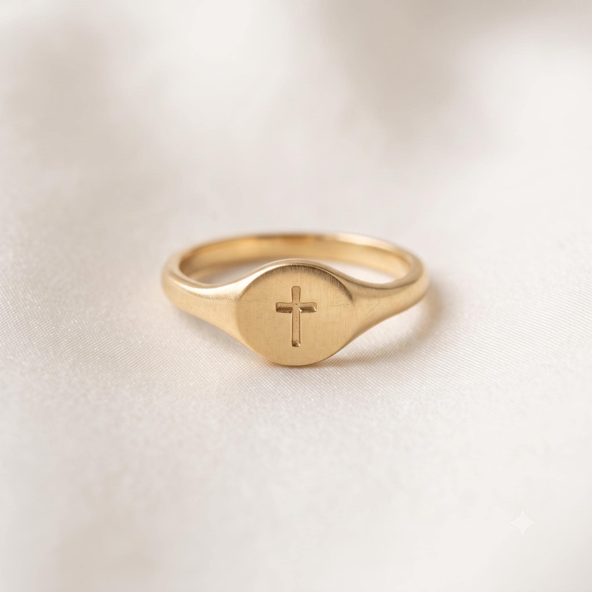 Dainty Gold Cross Signet Ring, Minimalist Faith Jewelry, Stacking Ring