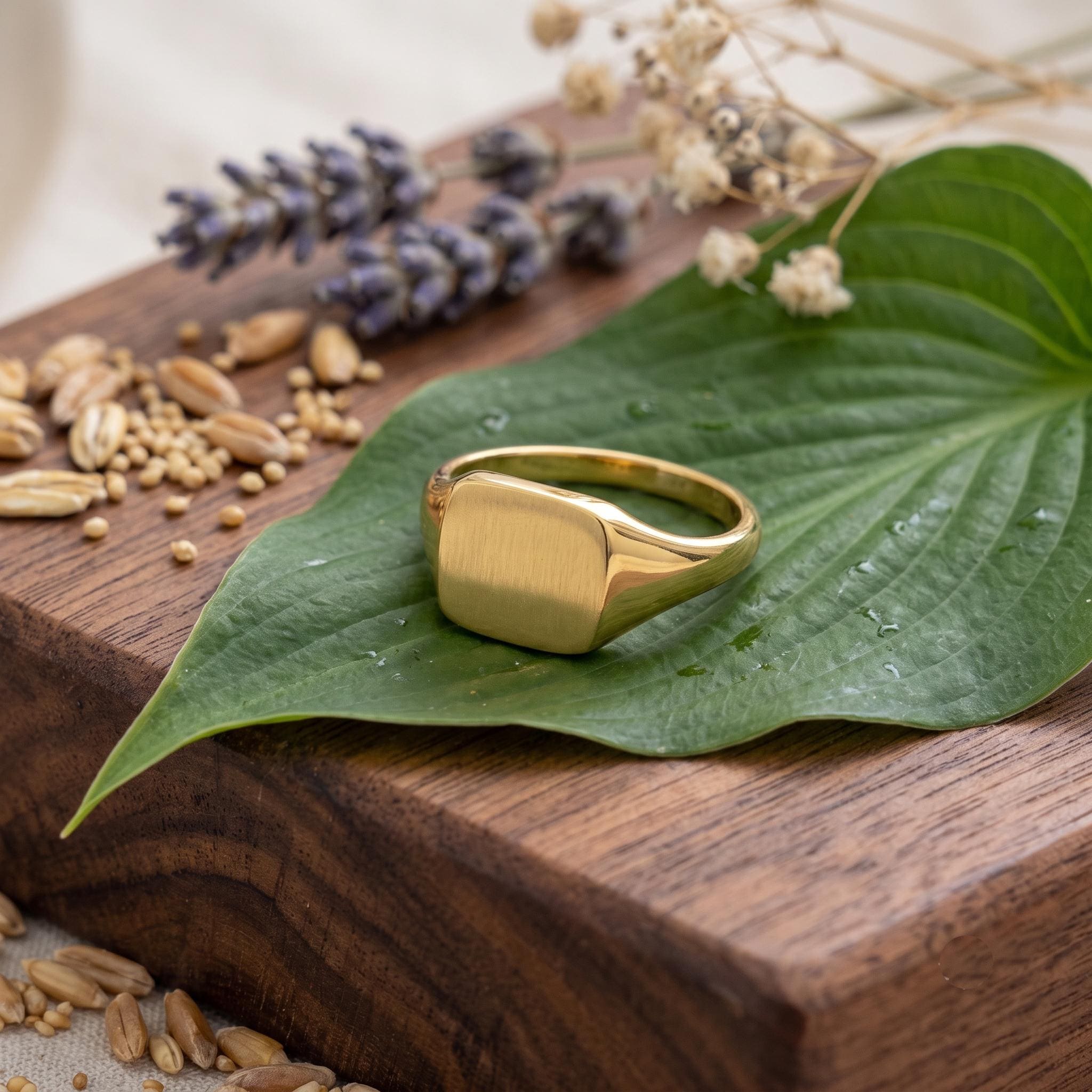 Classic Square Signet Ring, Polished Gold Finish, Minimalist Unisex Band