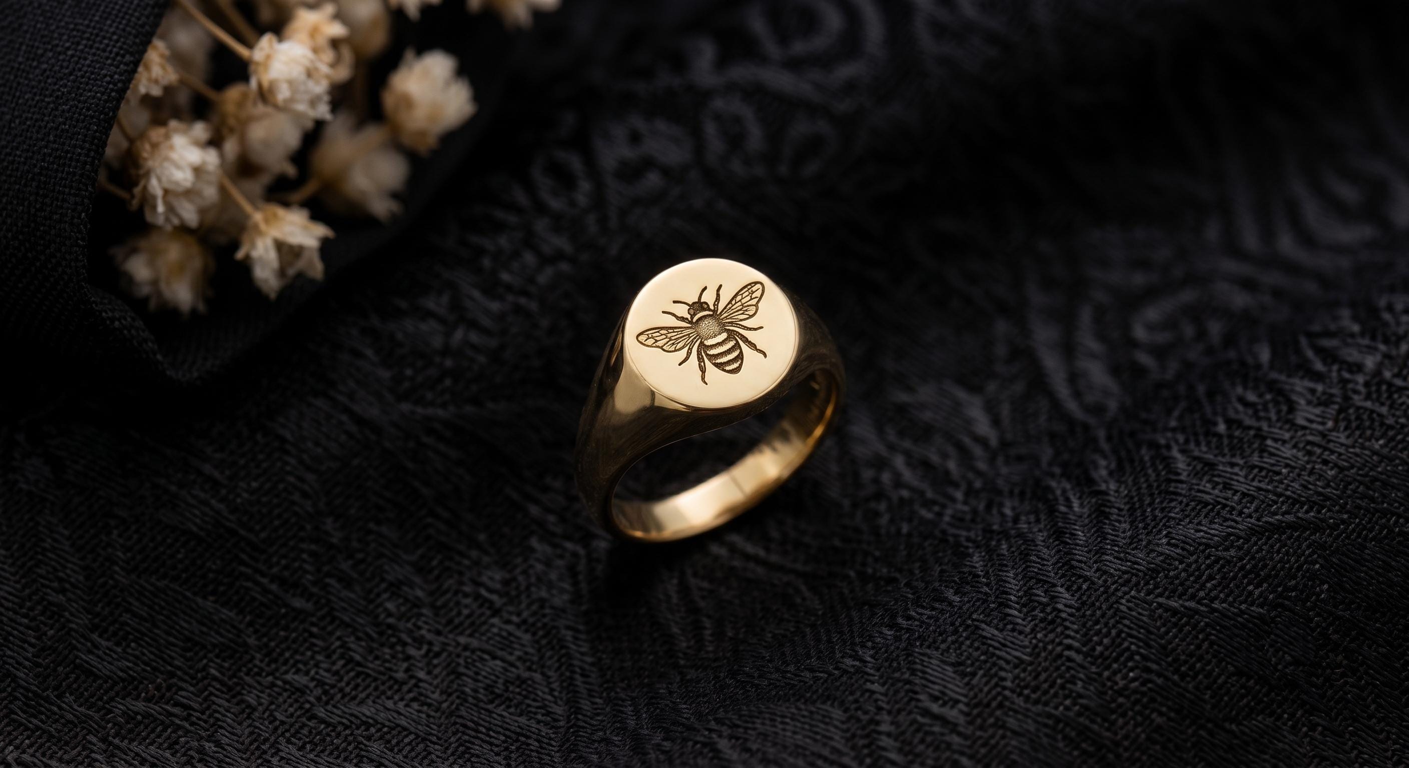 Gold Bee Signet Ring – Minimalist Honeybee Jewelry, Dainty Statement Ring