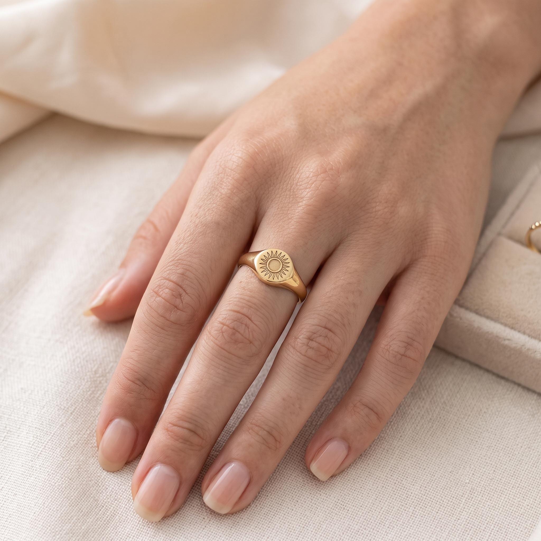 Dainty Sunburst Signet Ring | Gold Celestial Statement Band | Minimalist Everyday Stacking Jewelry