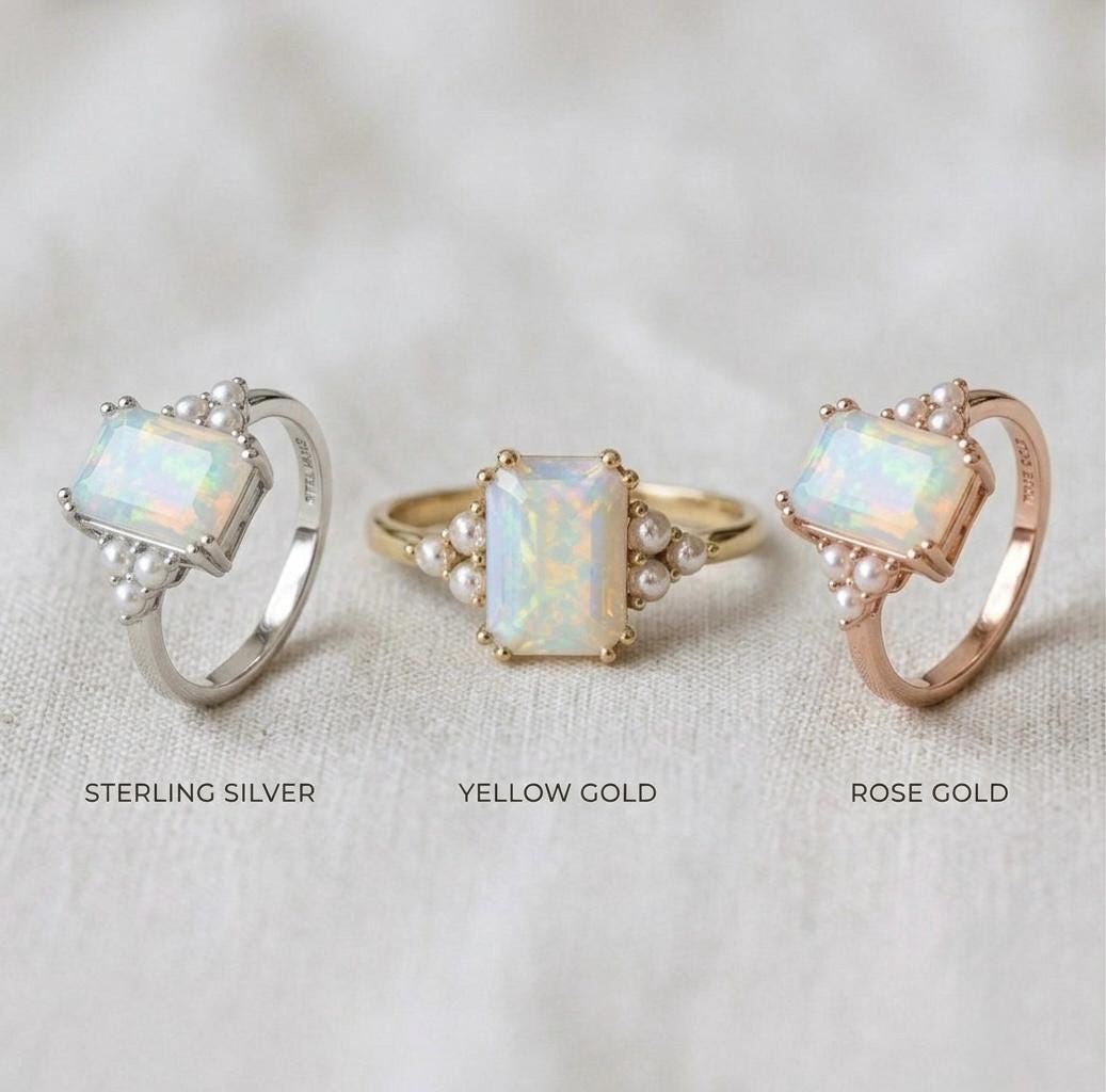 Emerald Cut Ethiopian Opal Ring with Pearls, Vintage Gold Engagement Ring, October Birthstone