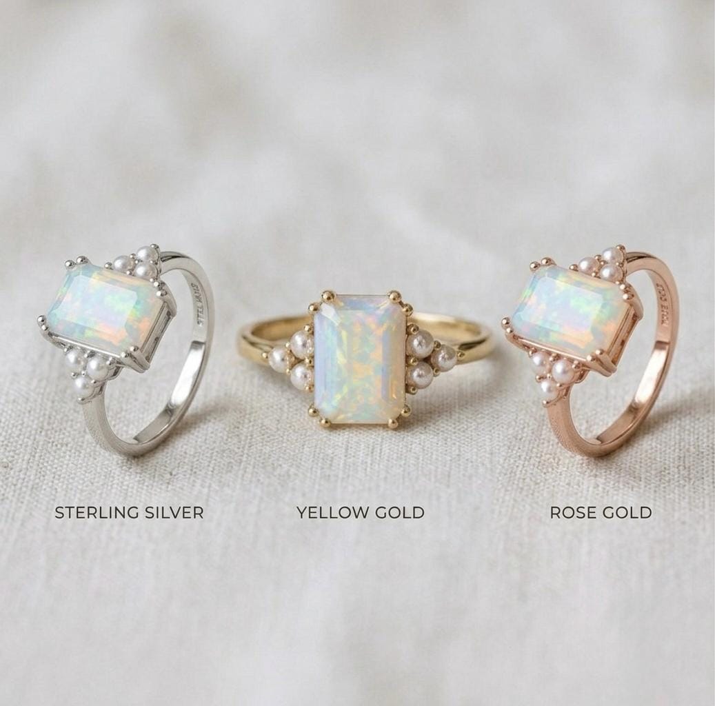 Emerald Cut Ethiopian Opal Ring with Pearls, Vintage Gold Engagement Ring, October Birthstone