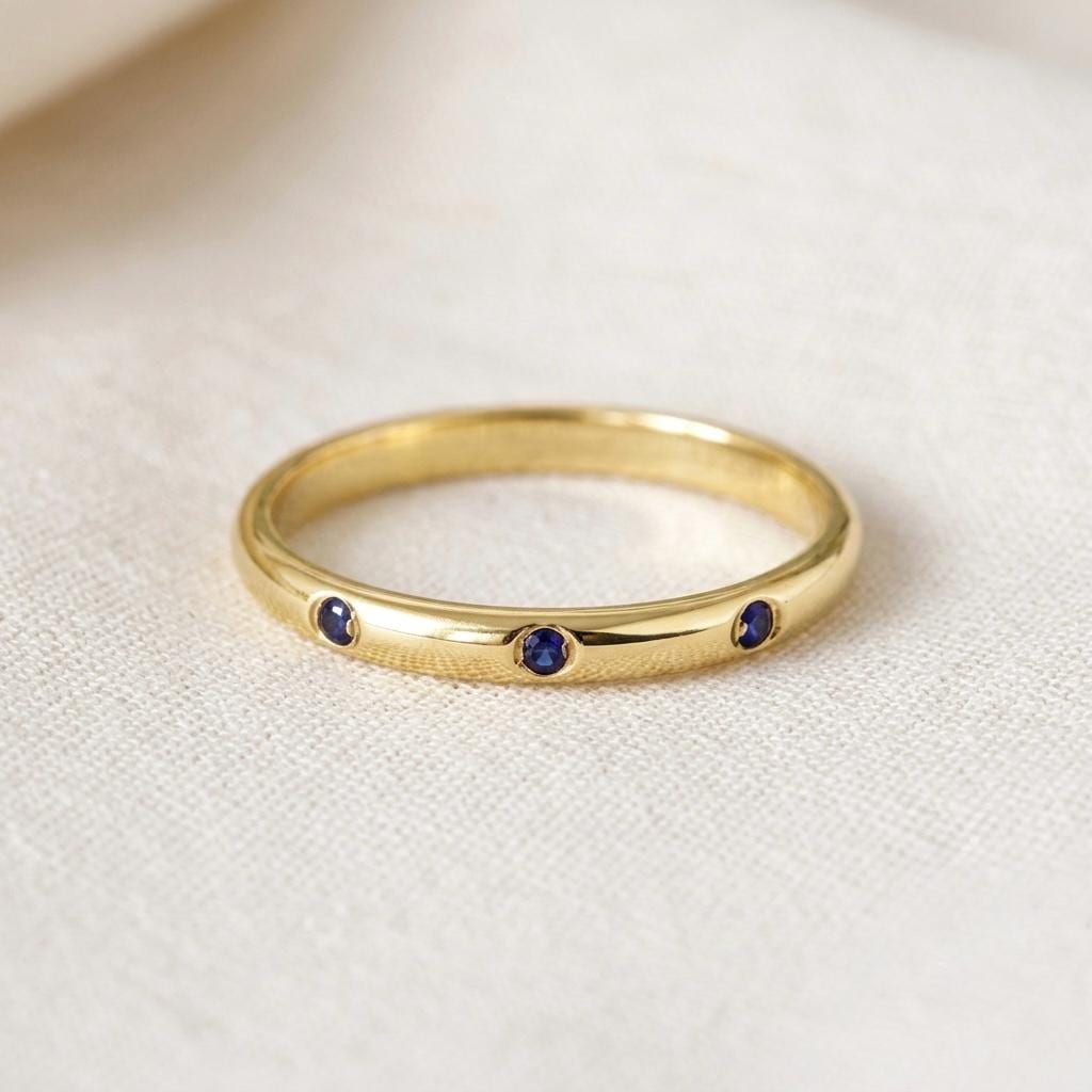 Gold Blue Sapphire Ring, Minimalist Flush Set Wedding Band, Dainty Stacking Ring, September Birthstone