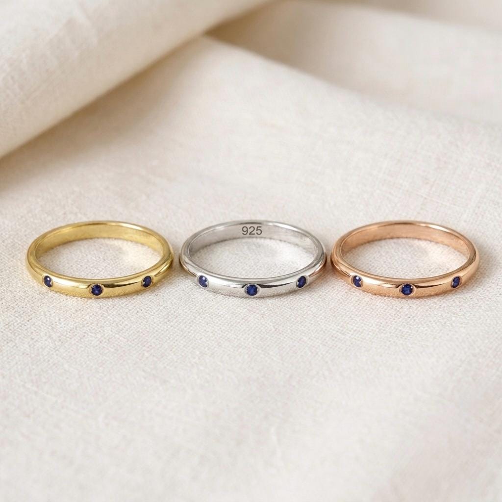 Gold Blue Sapphire Ring, Minimalist Flush Set Wedding Band, Dainty Stacking Ring, September Birthstone