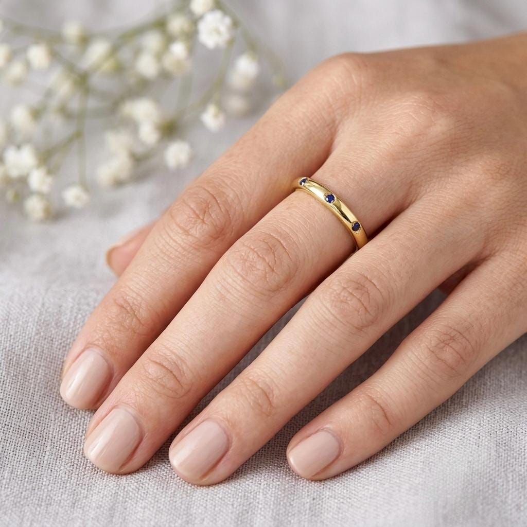 Gold Blue Sapphire Ring, Minimalist Flush Set Wedding Band, Dainty Stacking Ring, September Birthstone