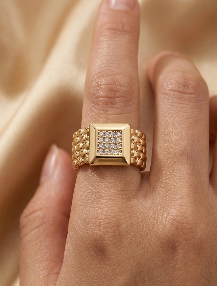 Gold Moissanite Signet Ring, Chunky Square Pave Statement Band, Textured Unisex Ring