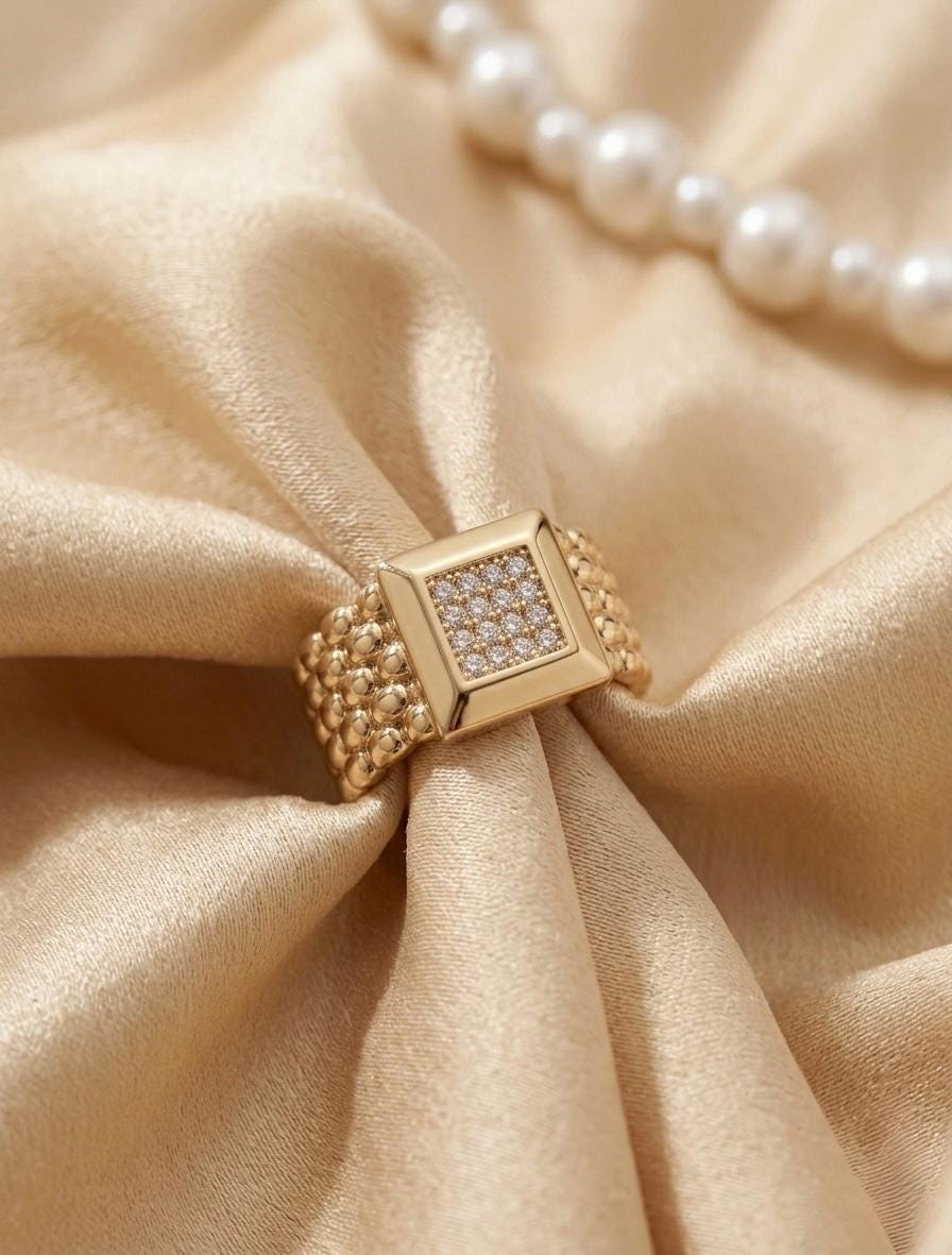 Gold Moissanite Signet Ring, Chunky Square Pave Statement Band, Textured Unisex Ring