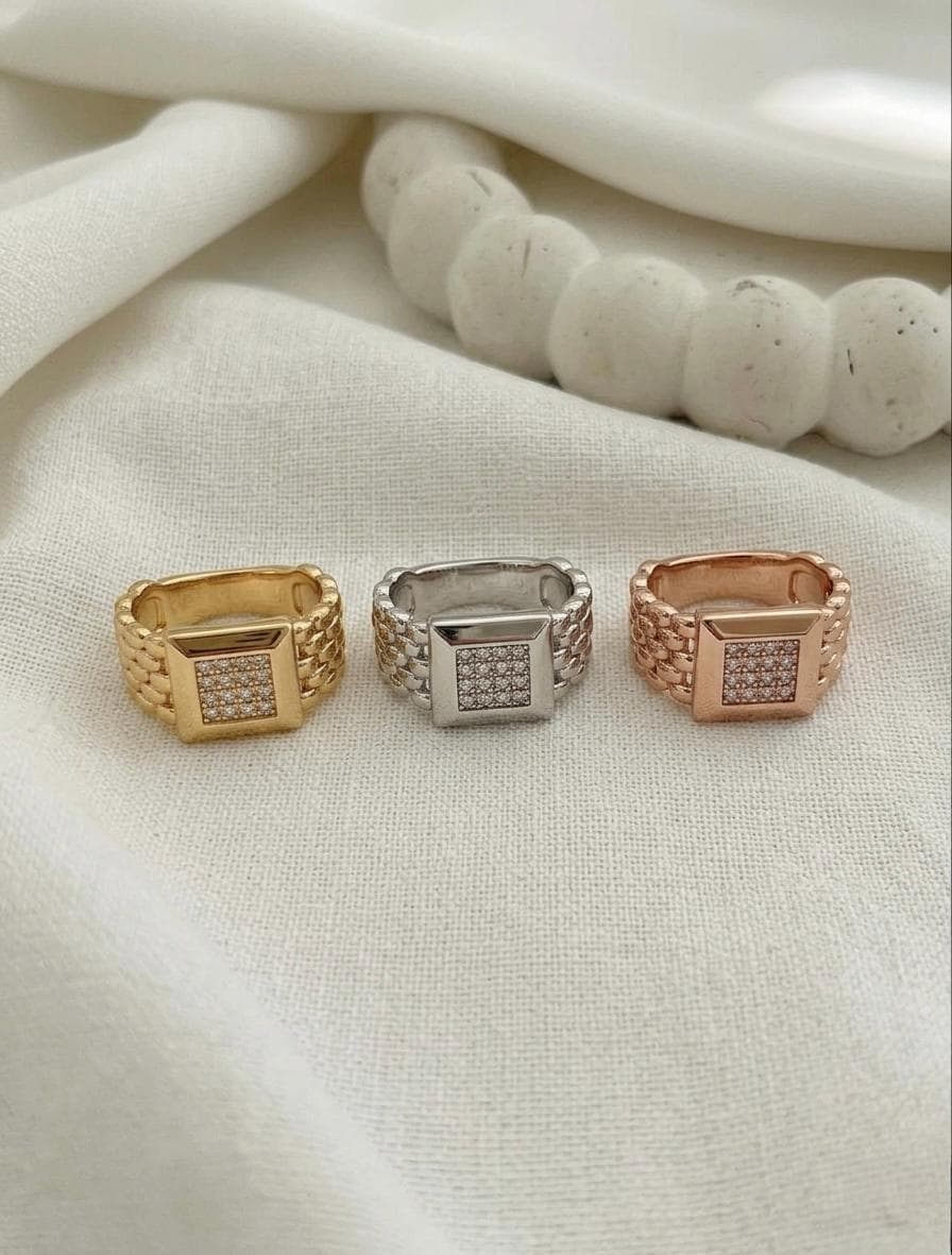 Gold Moissanite Signet Ring, Chunky Square Pave Statement Band, Textured Unisex Ring