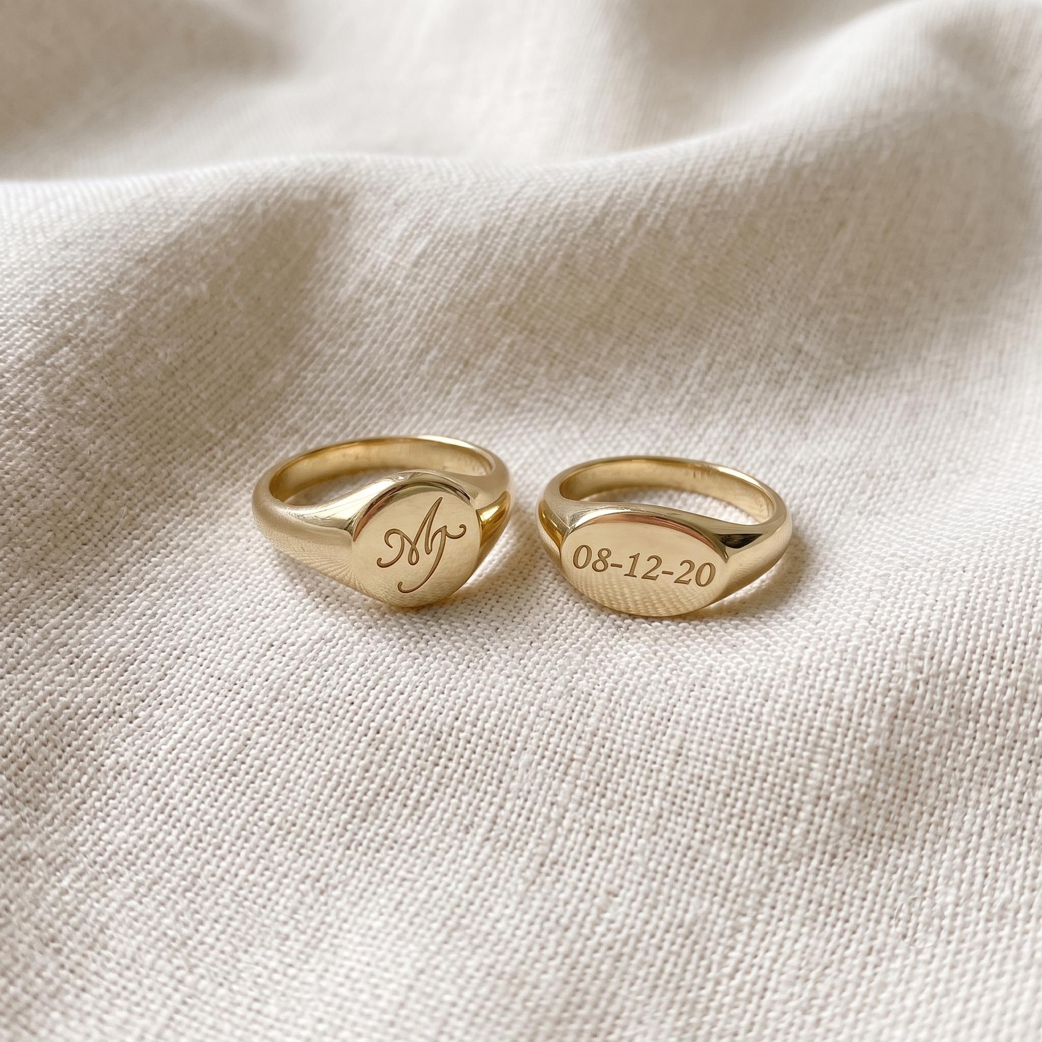 Custom Gold Signet Ring – Engraved Initial or Date, Dainty Minimalist Jewelry