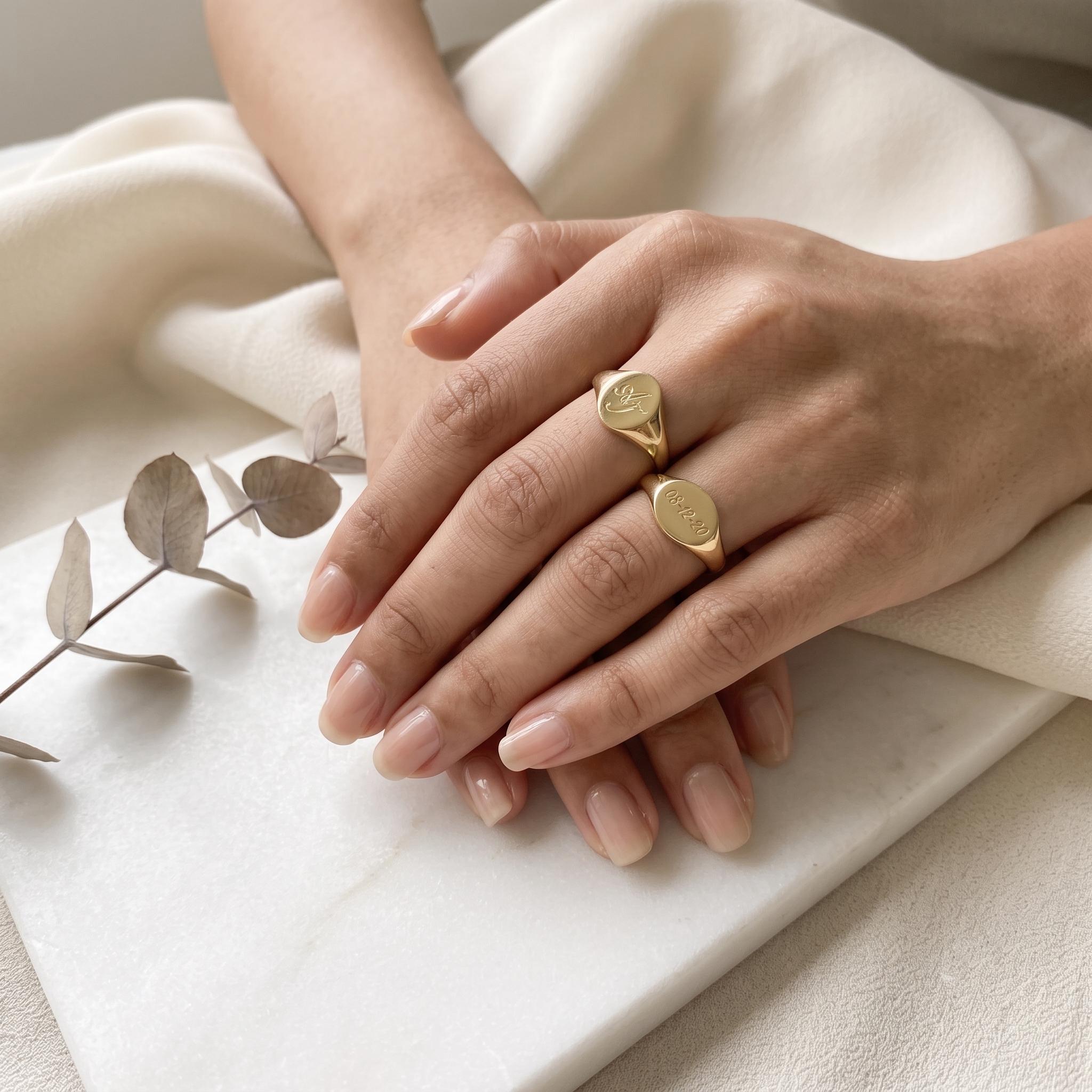 Custom Gold Signet Ring – Engraved Initial or Date, Dainty Minimalist Jewelry