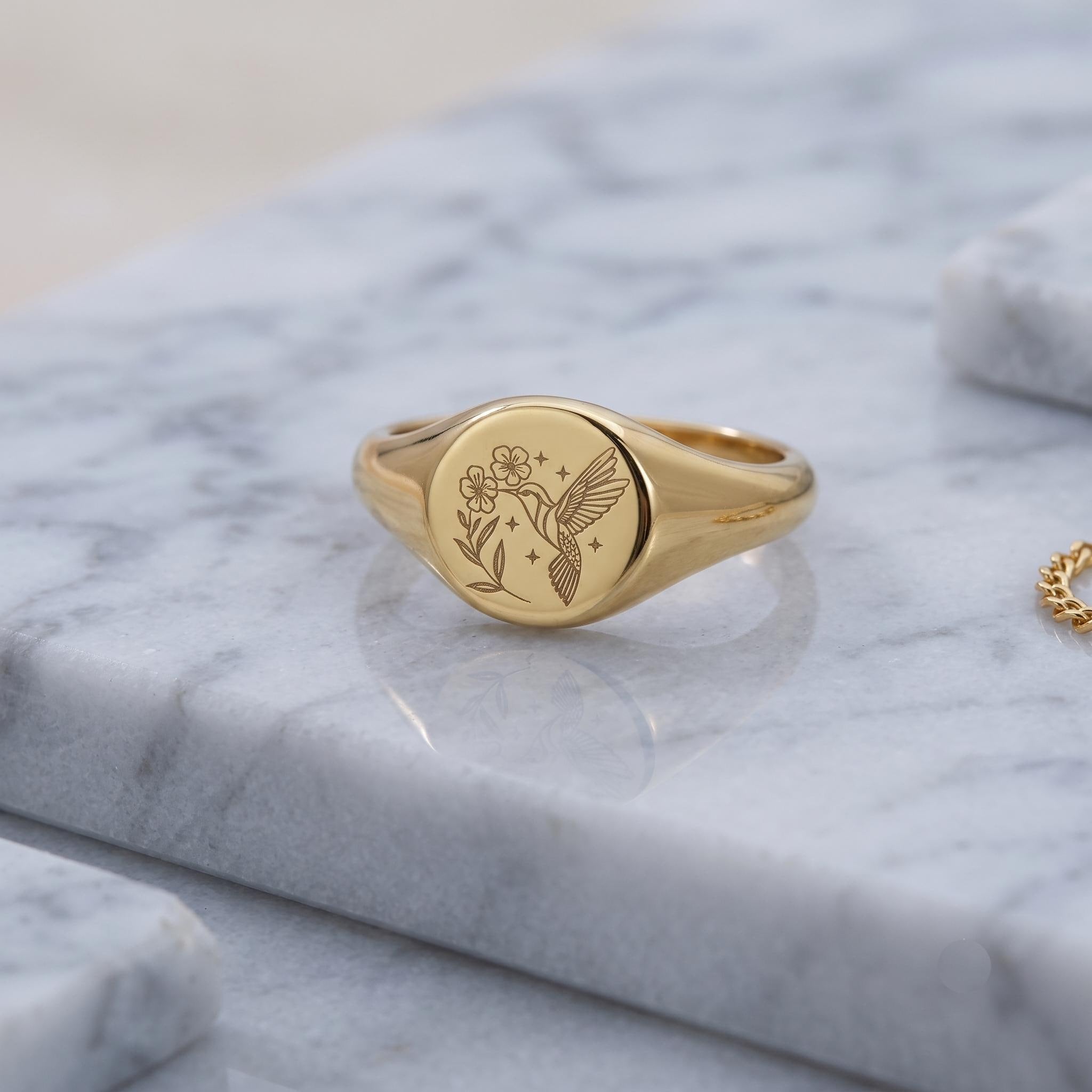 Dainty Hummingbird Signet Ring | 18k Gold Plated Nature Jewelry