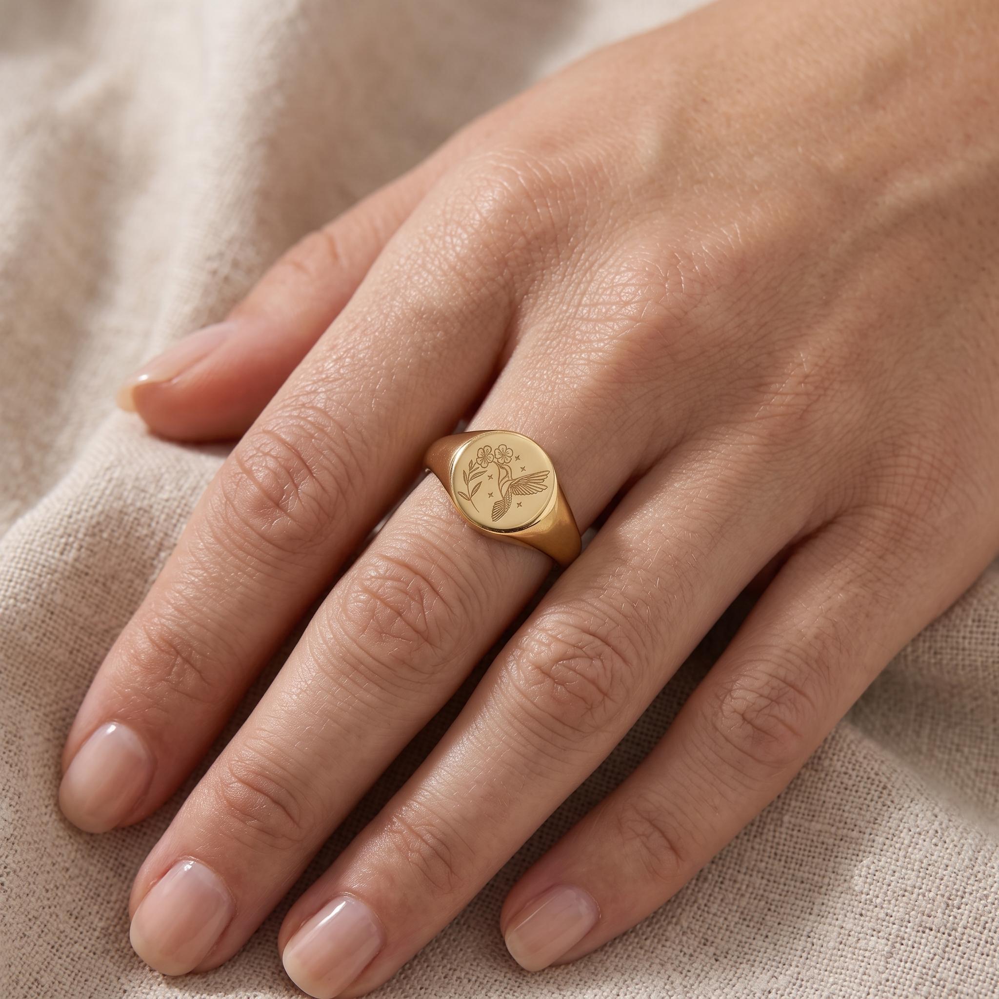 Dainty Hummingbird Signet Ring | 18k Gold Plated Nature Jewelry