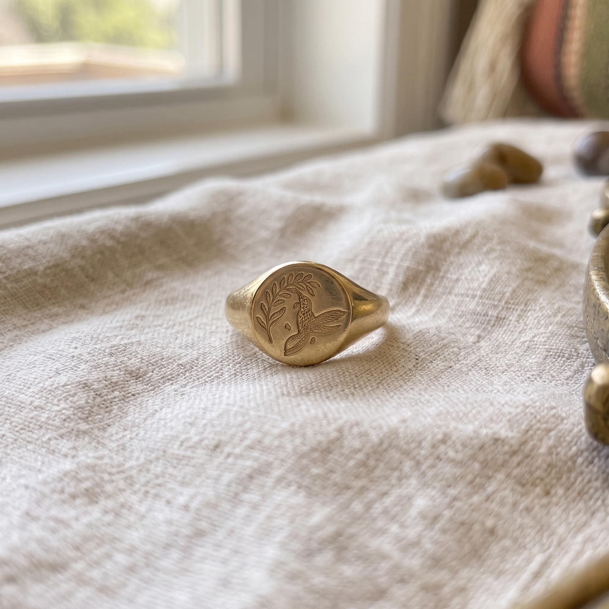 Dainty Hummingbird Signet Ring | 18k Gold Plated Nature Jewelry