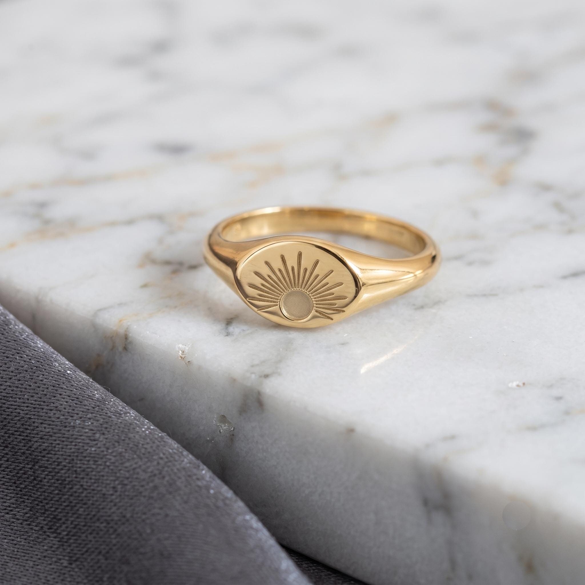 Minimalist Sunburst Signet Ring | Gold, Silver, Rose Gold Finish, Sunrise Engraved
