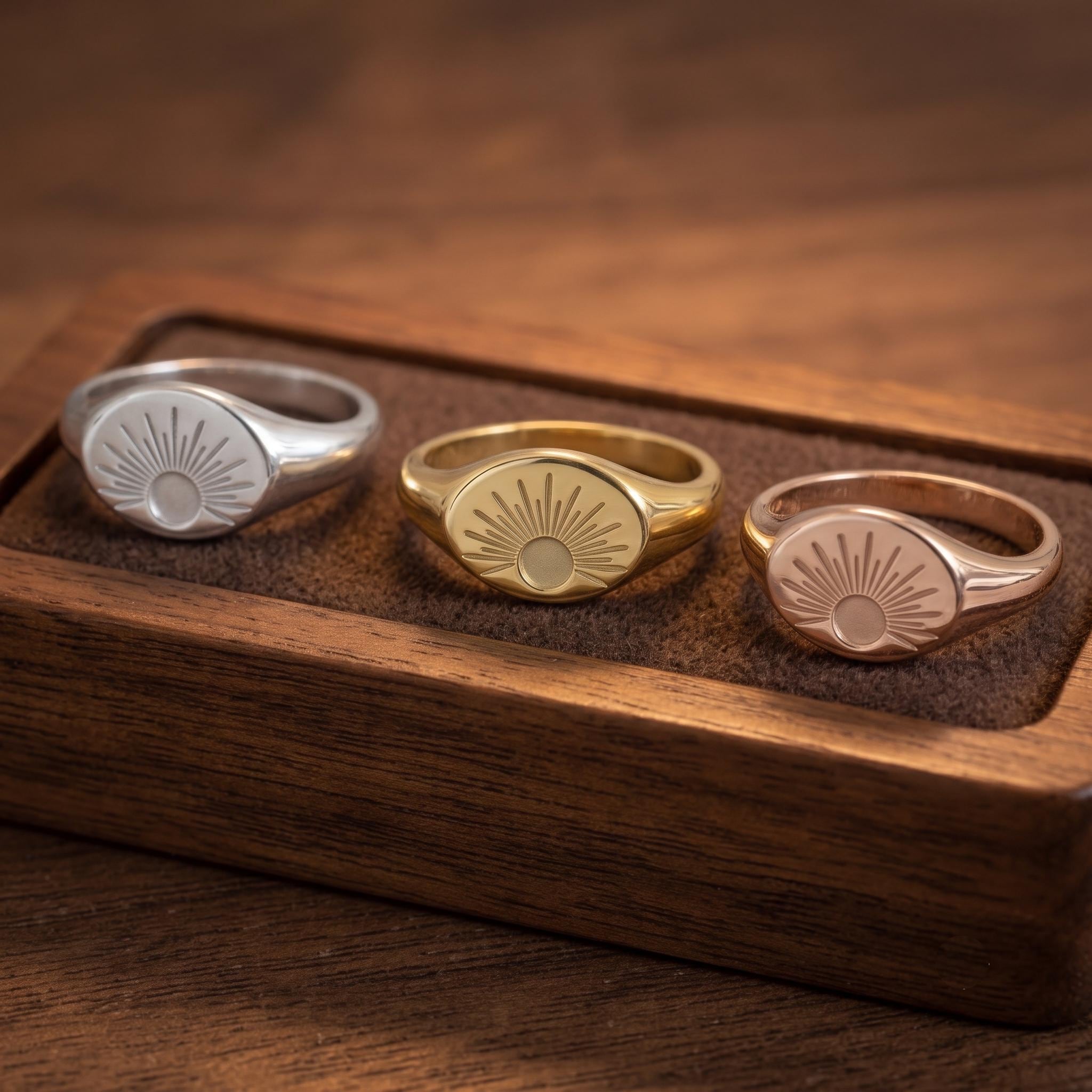 Minimalist Sunburst Signet Ring | Gold, Silver, Rose Gold Finish, Sunrise Engraved