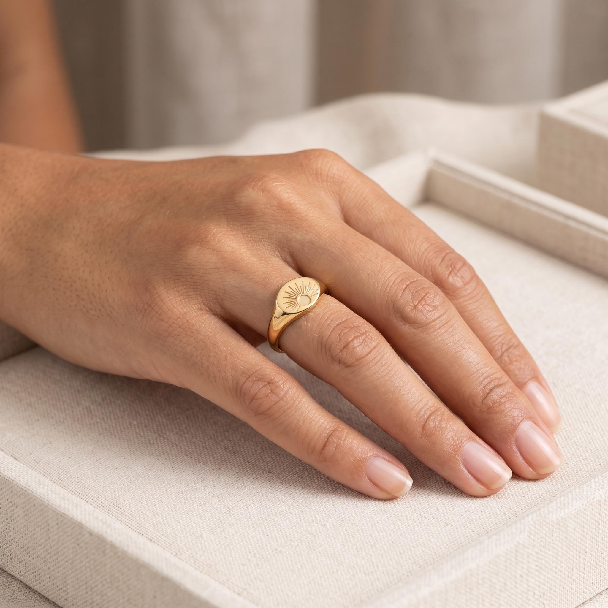 Minimalist Sunburst Signet Ring | Gold, Silver, Rose Gold Finish, Sunrise Engraved