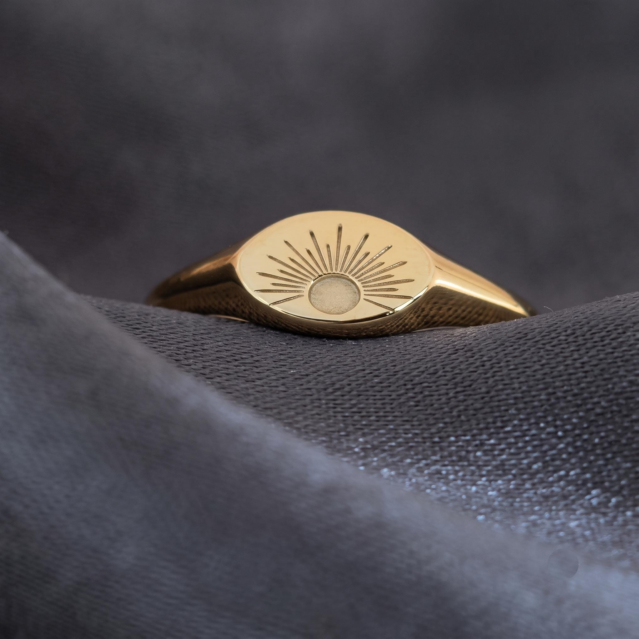 Minimalist Sunburst Signet Ring | Gold, Silver, Rose Gold Finish, Sunrise Engraved