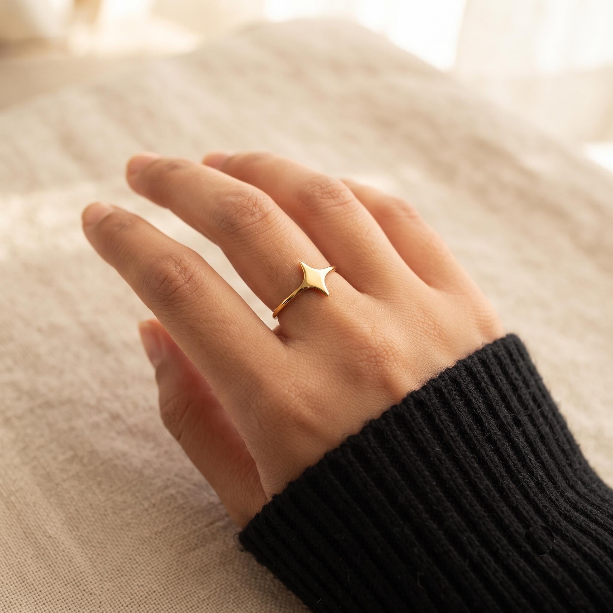 Gold North Star Ring – Minimalist Celestial Starburst Stacking Jewelry