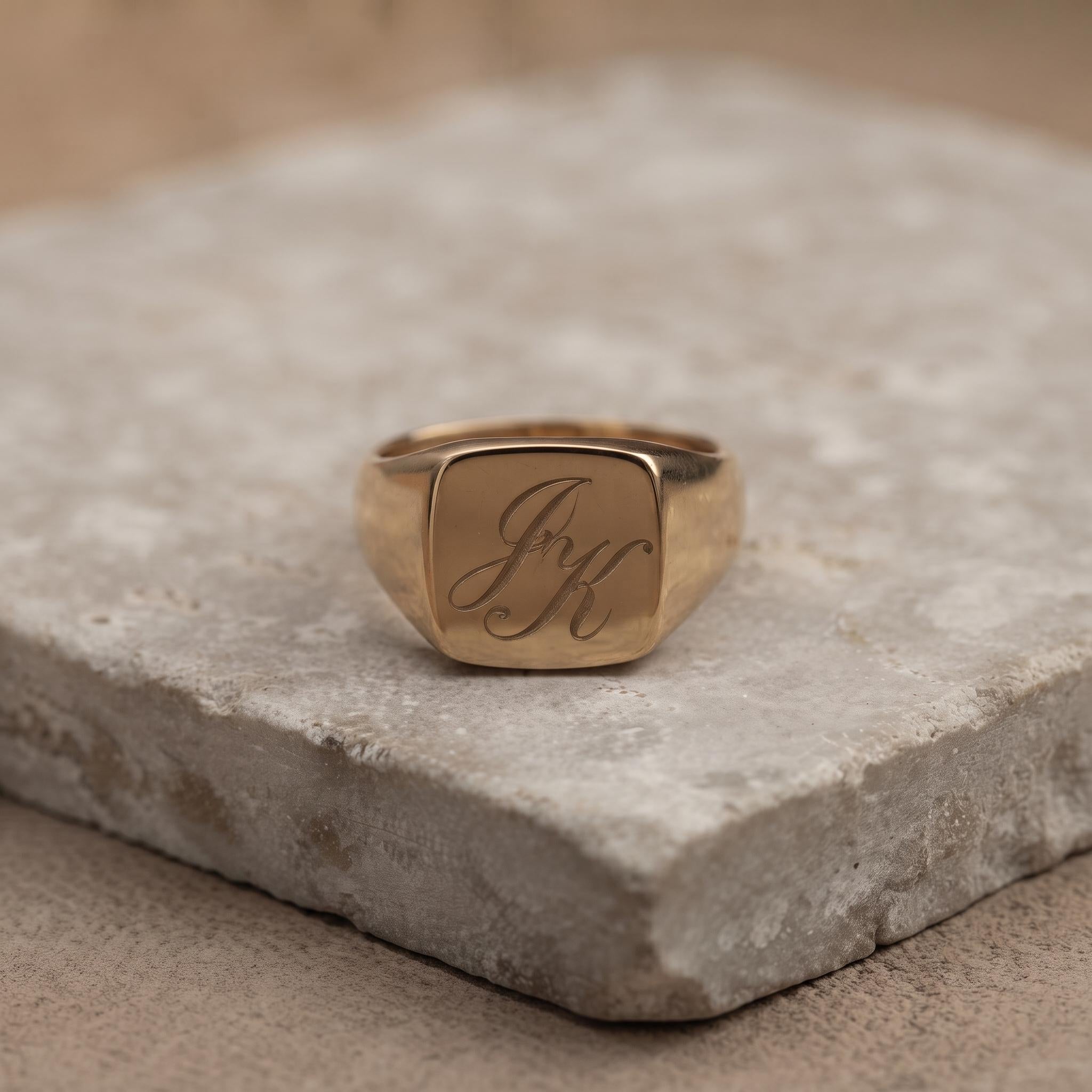 Personalized Gold Monogram Signet Ring for Men, Custom Initial Statement Ring
