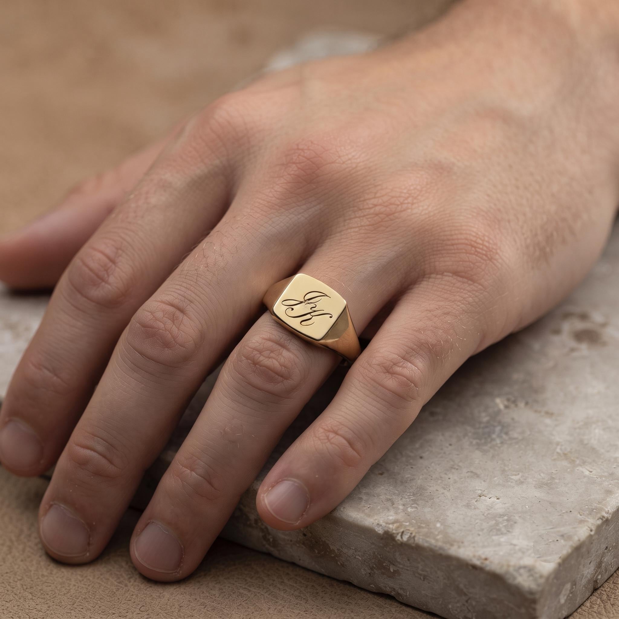 Personalized Gold Monogram Signet Ring for Men, Custom Initial Statement Ring