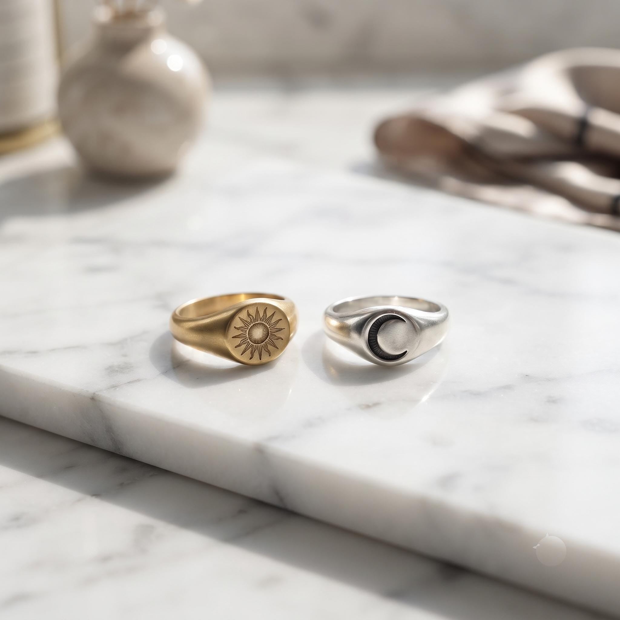 Celestial Sun Moon Signet Ring Set – Minimalist Gold Silver Stackable Rings