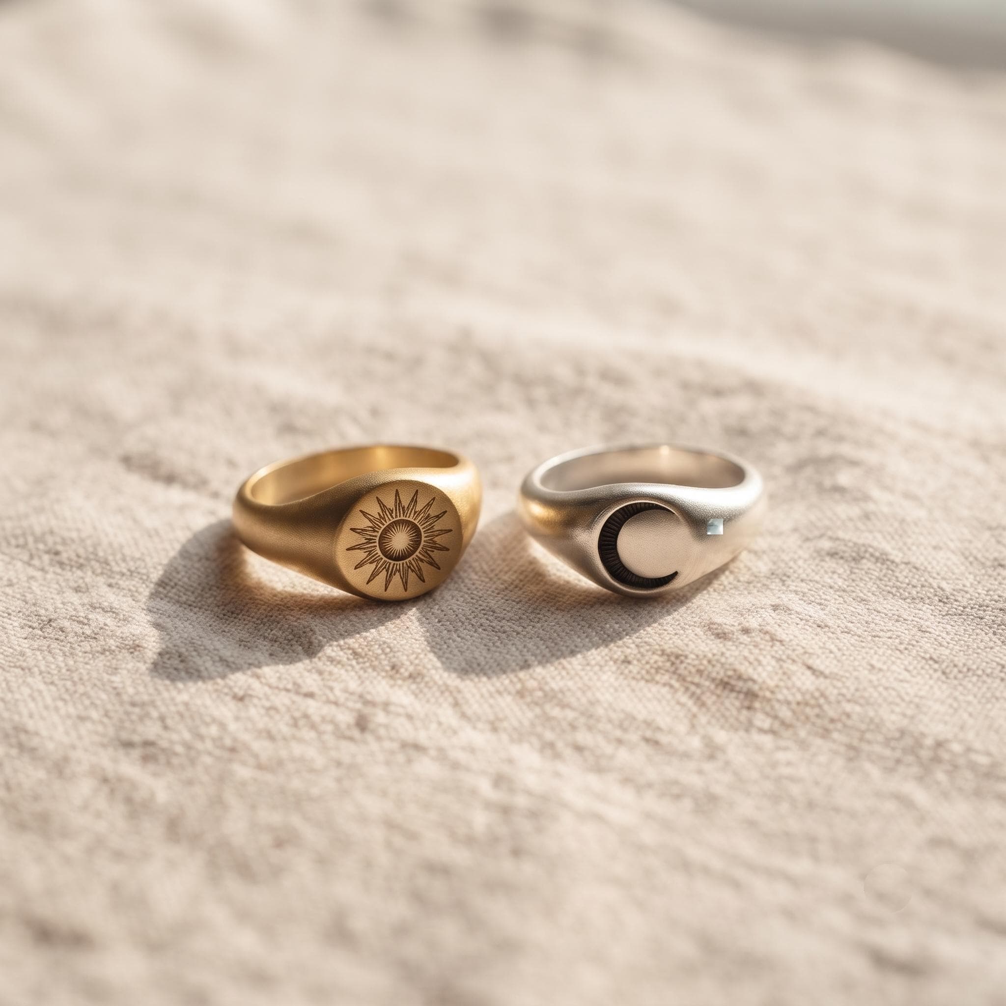 Celestial Sun Moon Signet Ring Set – Minimalist Gold Silver Stackable Rings