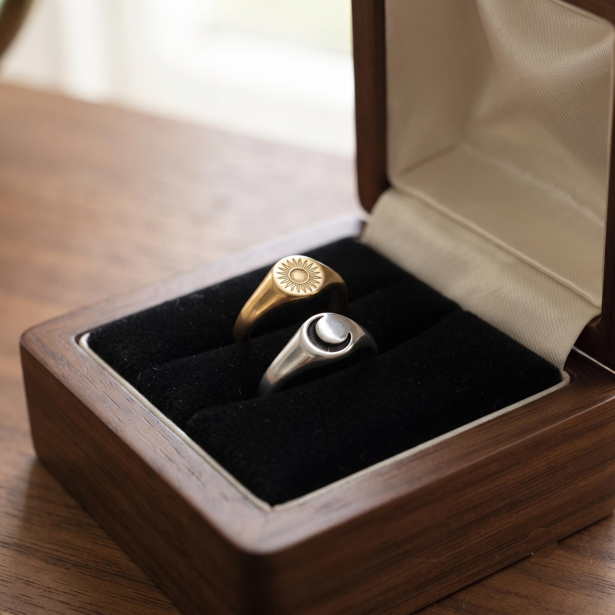 Celestial Sun Moon Signet Ring Set – Minimalist Gold Silver Stackable Rings