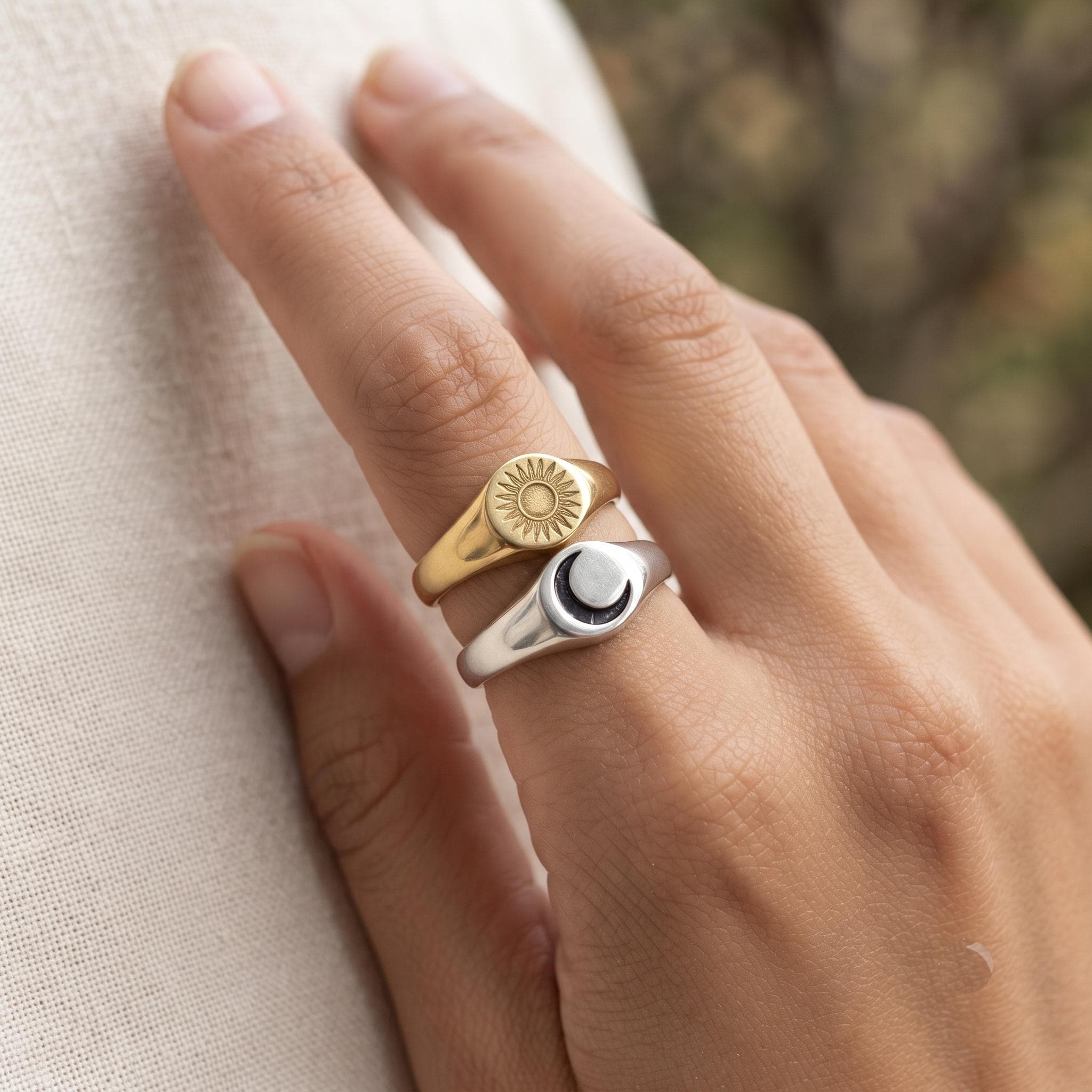 Celestial Sun Moon Signet Ring Set – Minimalist Gold Silver Stackable Rings