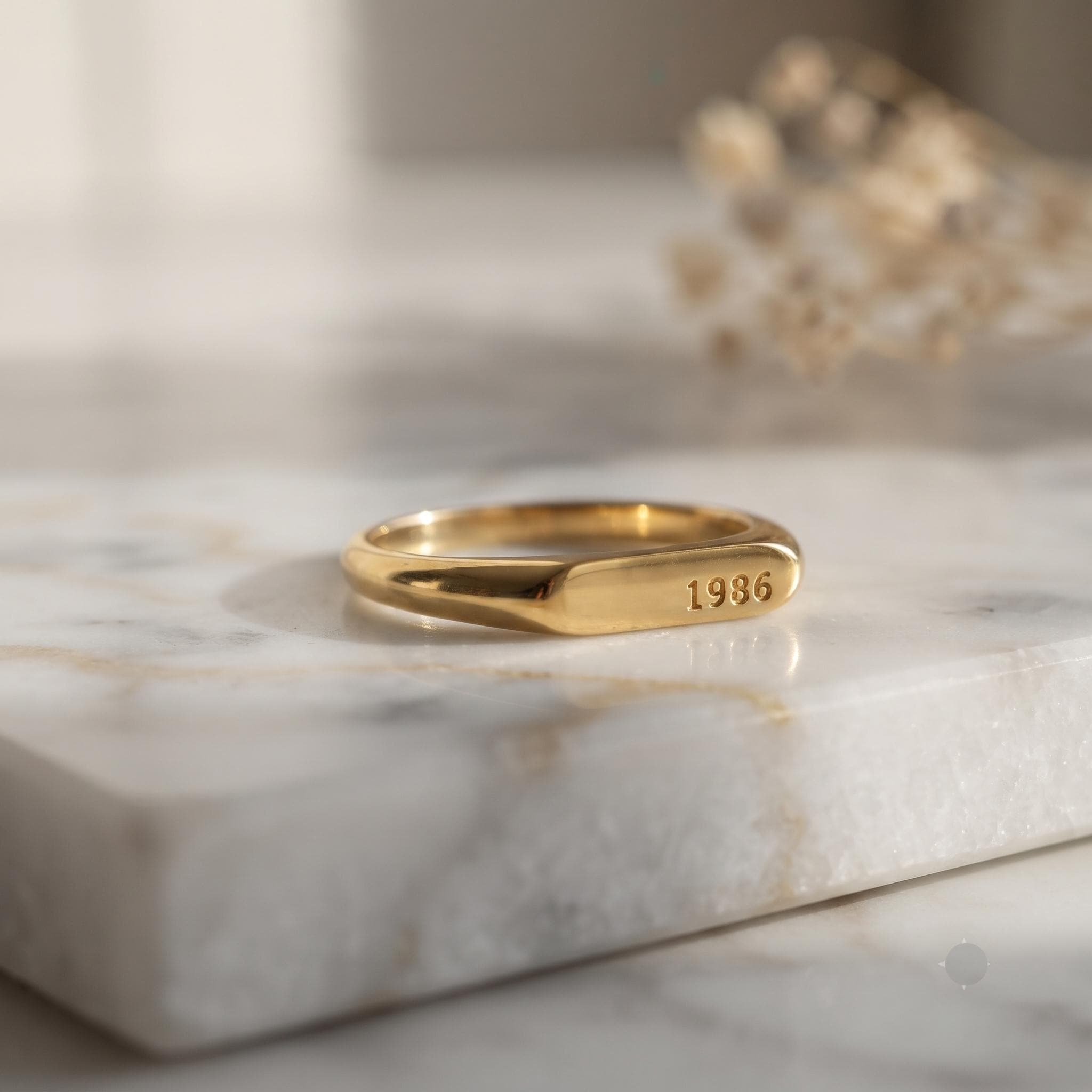 Custom Date Signet Ring, Minimalist Gold Stacking Band, Personalized Jewelry