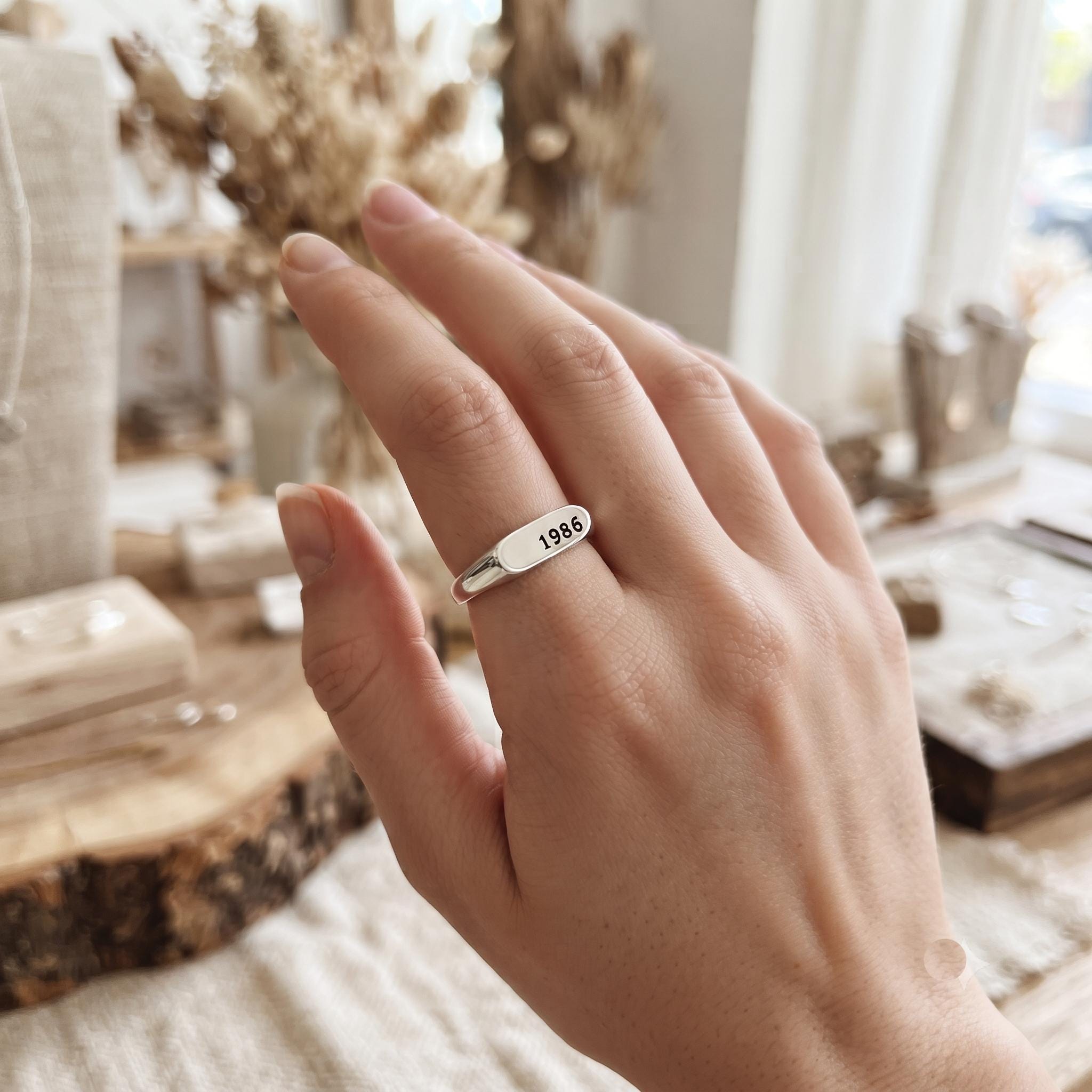 Custom Date Signet Ring, Minimalist Gold Stacking Band, Personalized Jewelry