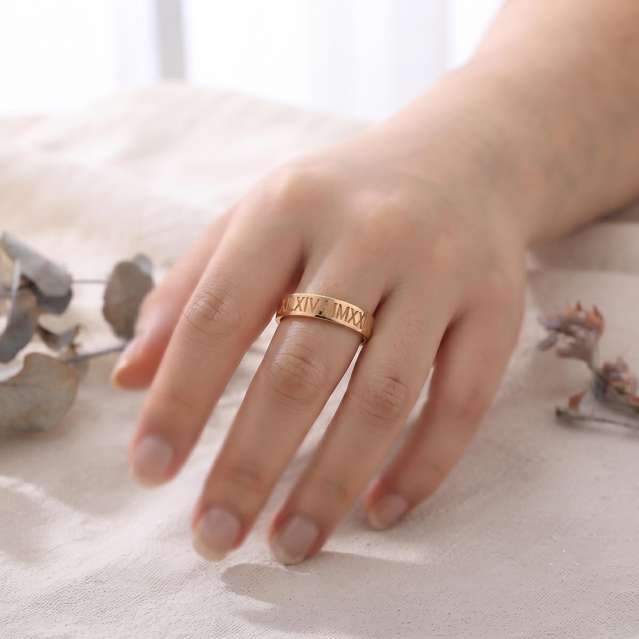 Custom Roman Numeral Ring, Personalized Gold Stacking Band, Minimalist Wedding Anniversary Gift