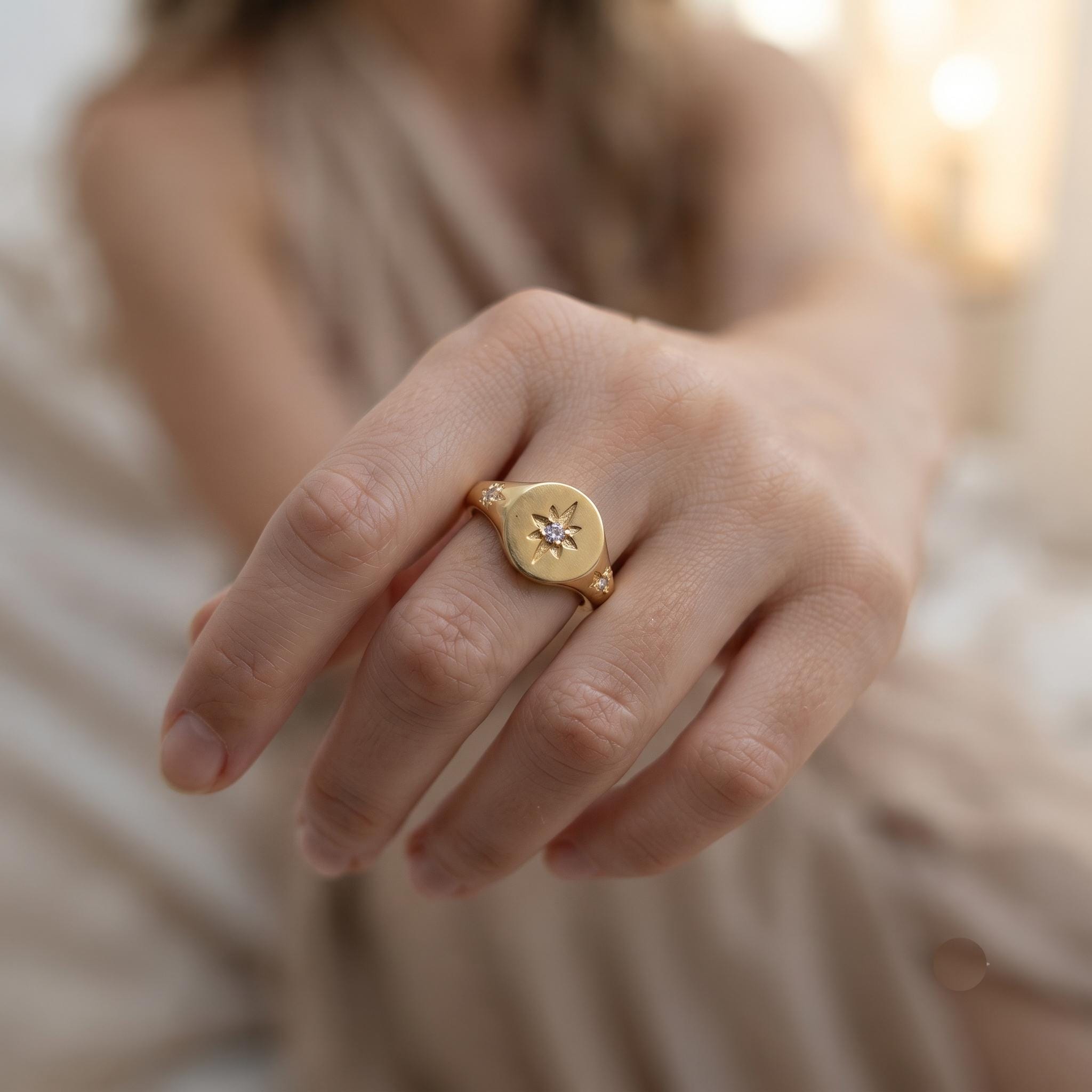 Gold North Star Signet Ring, Diamond Starburst Celestial Statement Ring