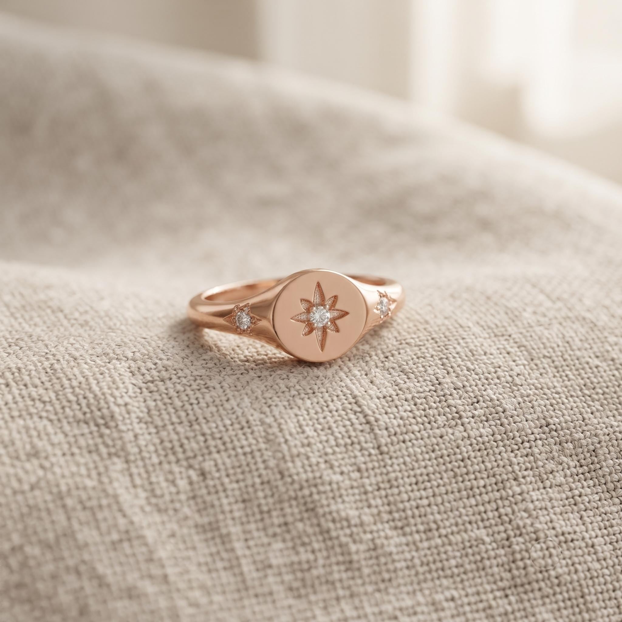 Gold North Star Signet Ring, Diamond Starburst Celestial Statement Ring
