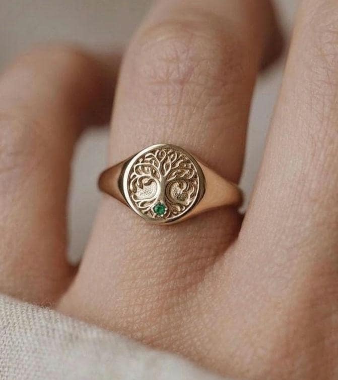 Tree of Life Signet Ring, Emerald Gold Celtic Family Ring, Oval Statement Jewelry